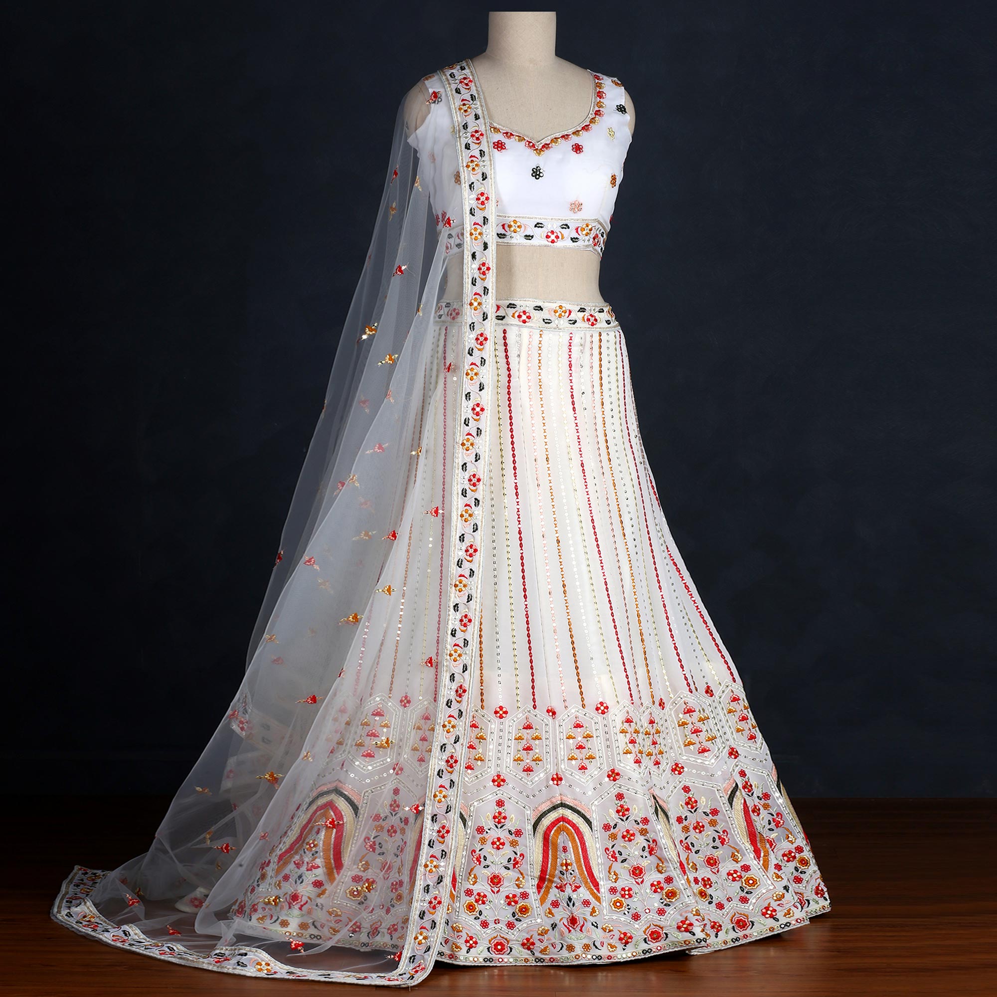 White Sequins Embroidered Georgette Lehenga Choli