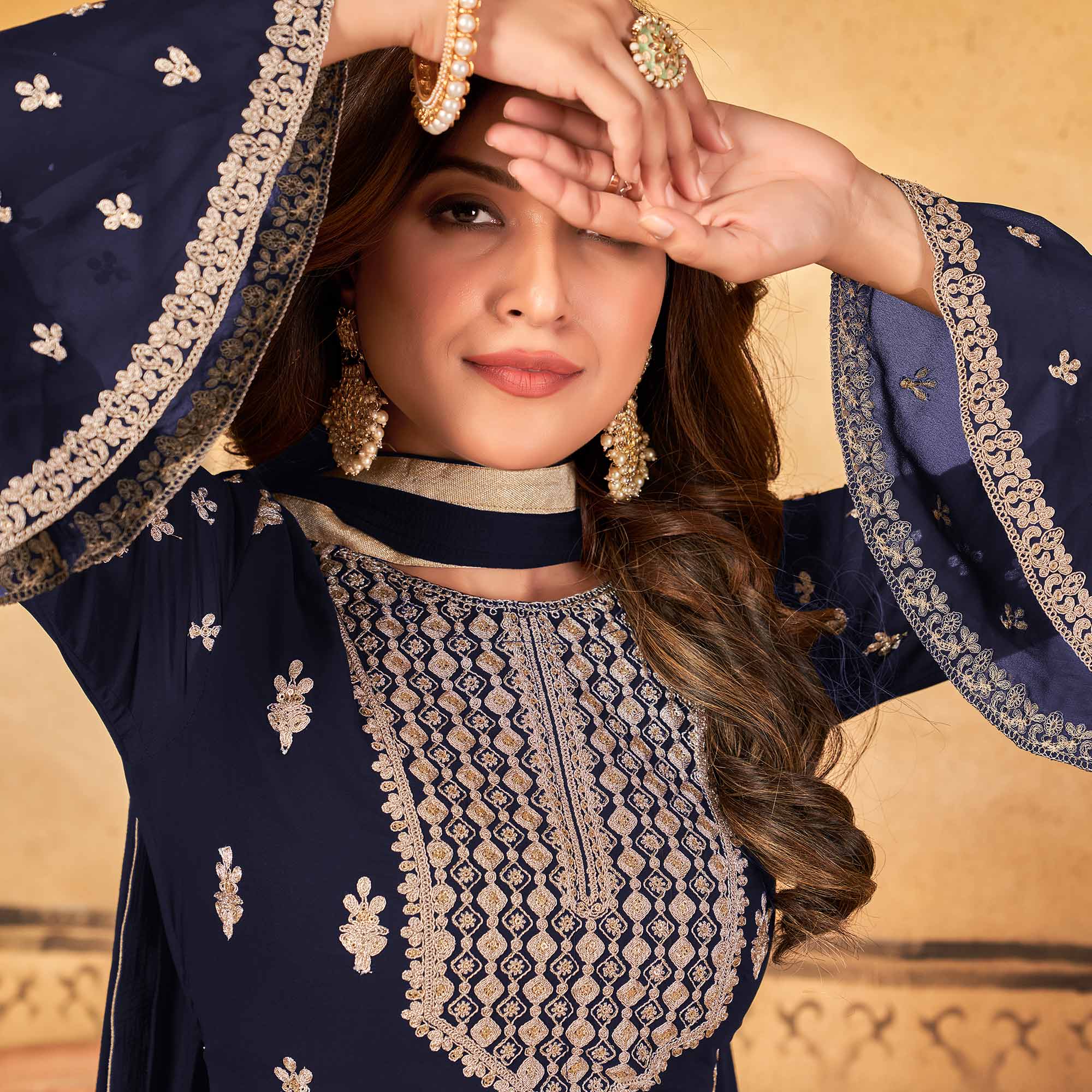 Navy Blue Floral Embroidered Georgette Palazzo Suit