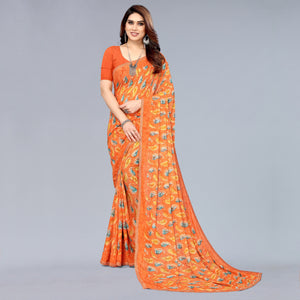 Orange Printed Georgette Saree With Crochet Border