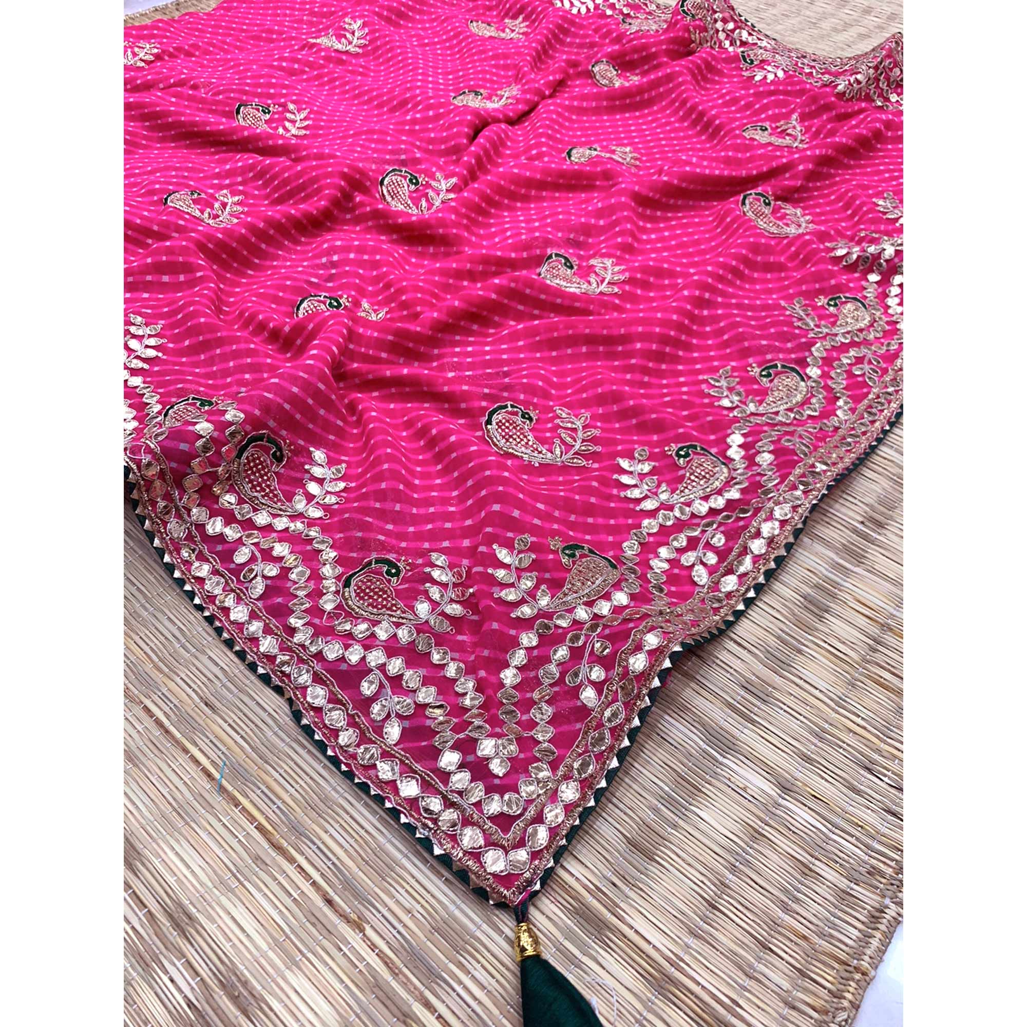 Pink Printed With Gota Work Georgette Saree