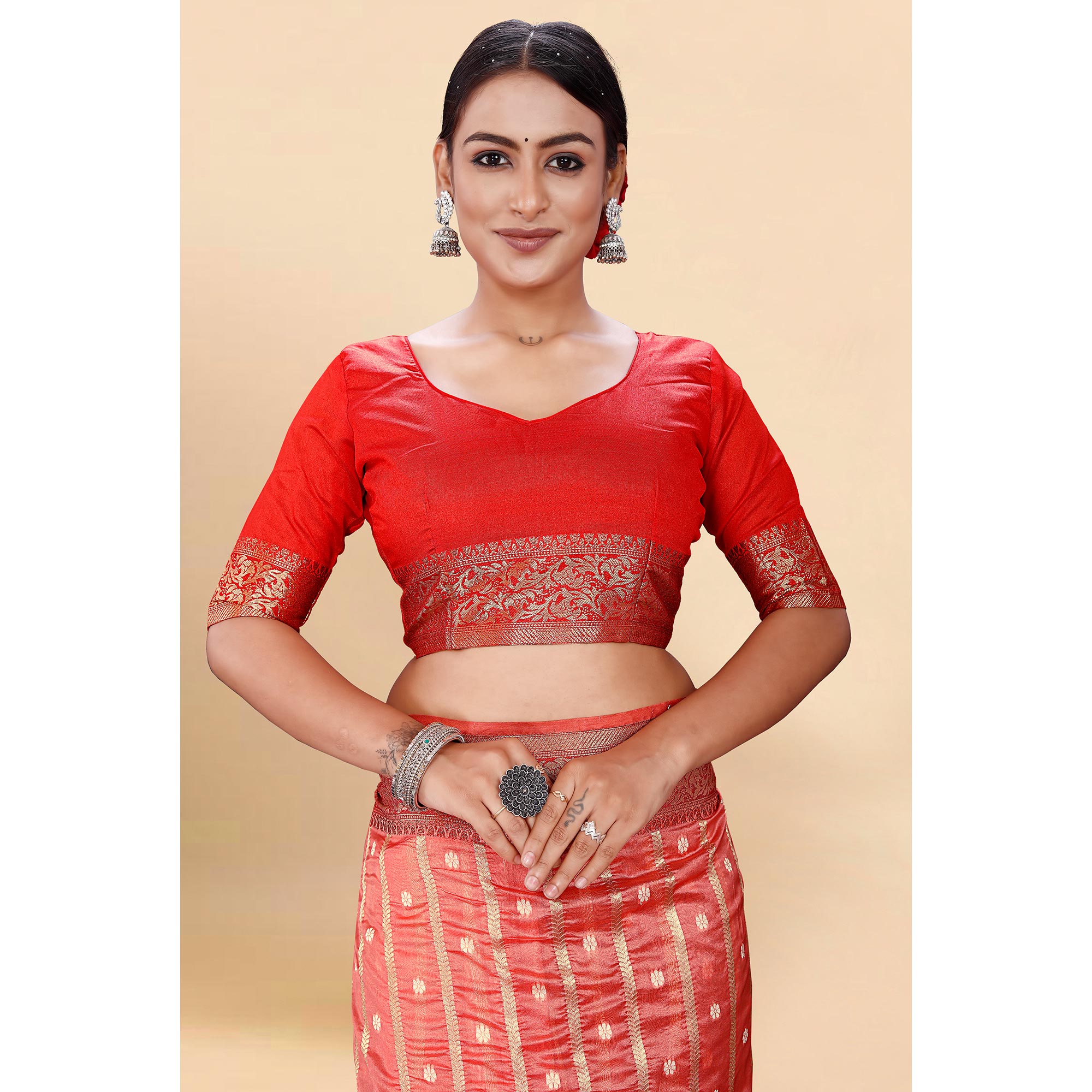 Pink Woven Organza Saree With Tassels