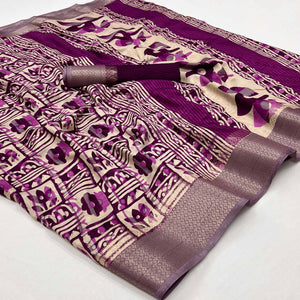 Purple Printed With Woven Border Dola Silk Saree