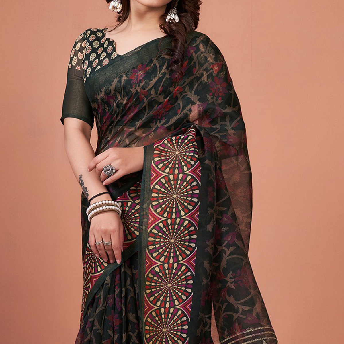 Black Printed Cotton Saree With Tassels