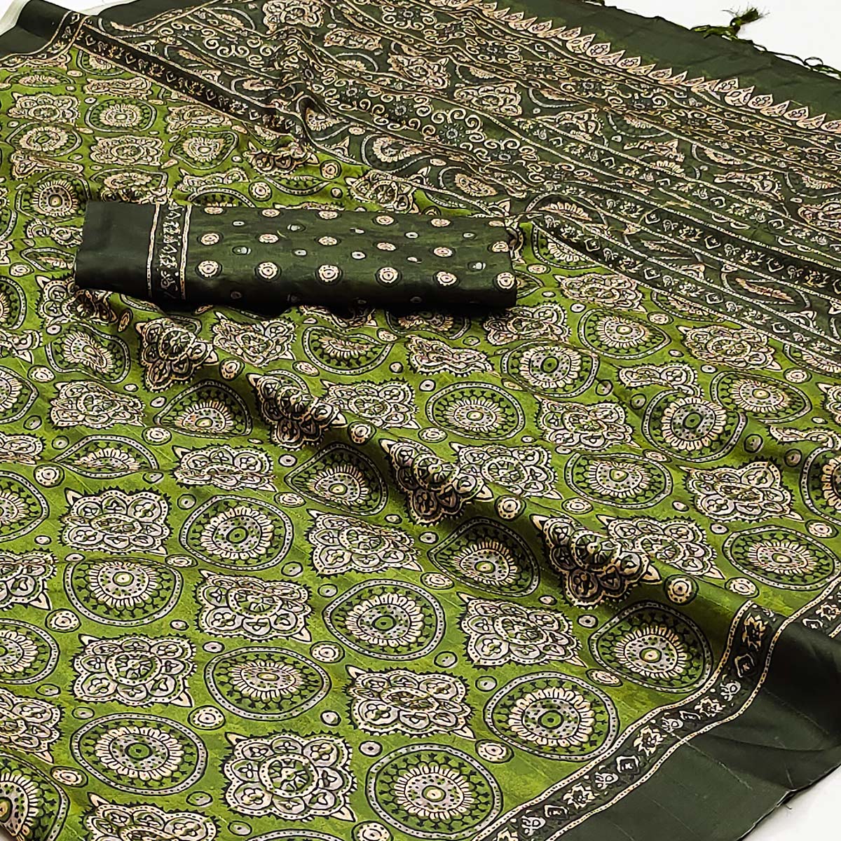 Green Floral Digital Printed Tussar Silk Saree With Tassels