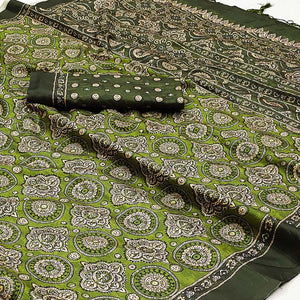 Green Floral Digital Printed Tussar Silk Saree With Tassels