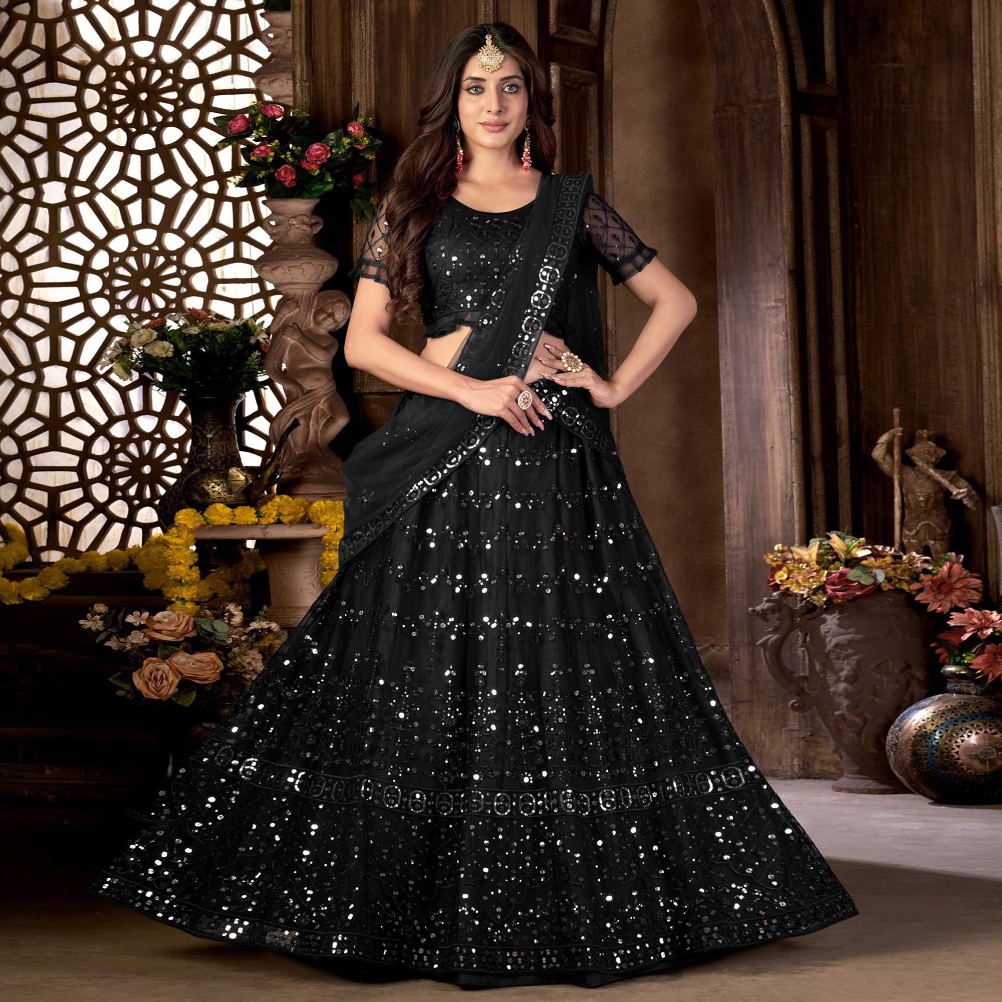 Black Sequins Embroidered Netted Lehenga Choli