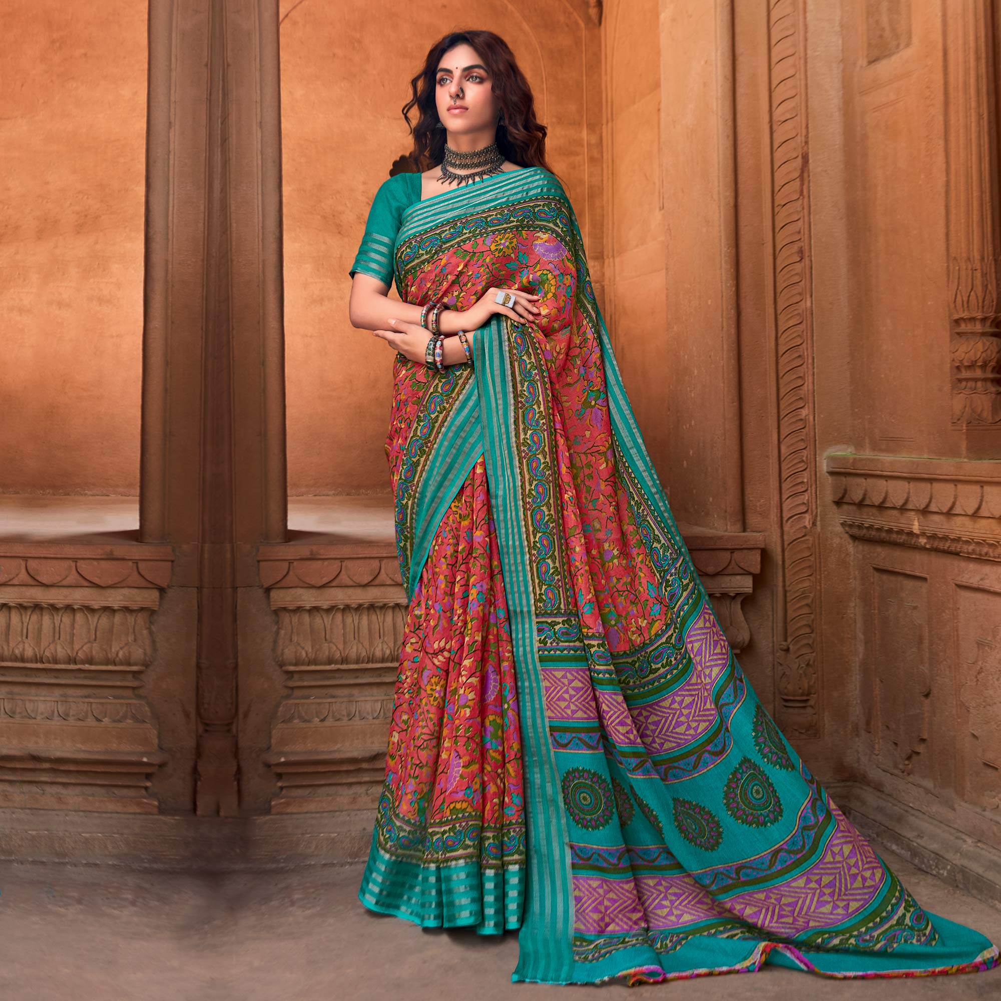 Red Floral Printed Linen Saree