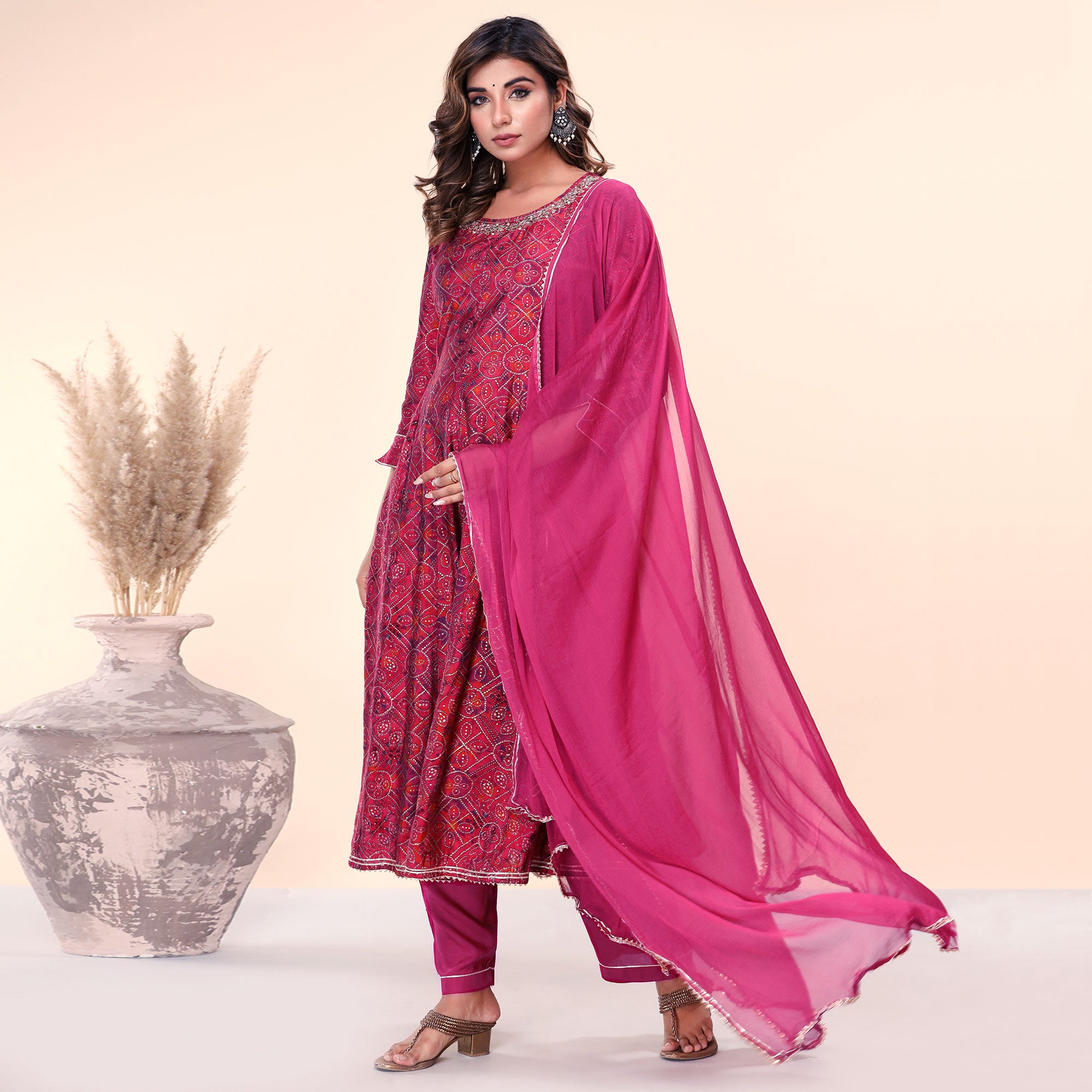 Pink Bandhani Printed And Gota Work Muslin Anarkali Suit