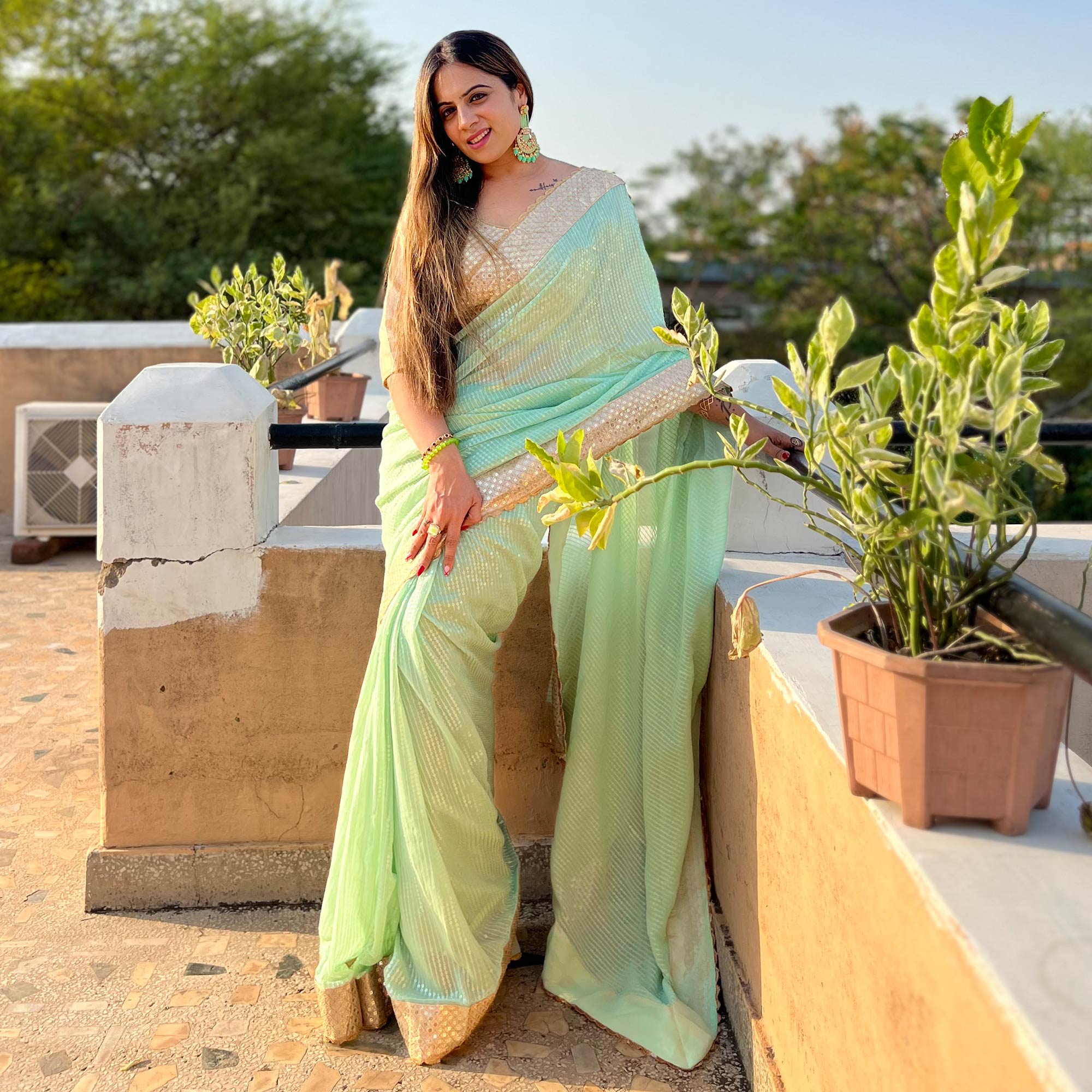 Pista Green Sequins Embroidered Georgette Saree