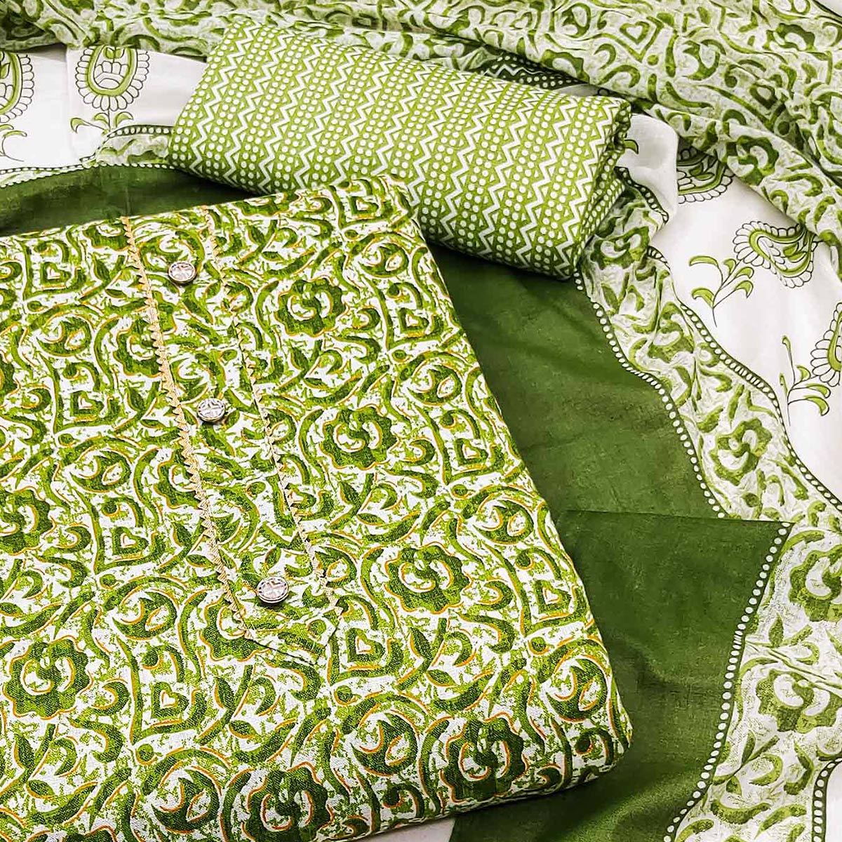 Green Floral Printed Cotton Dress Material
