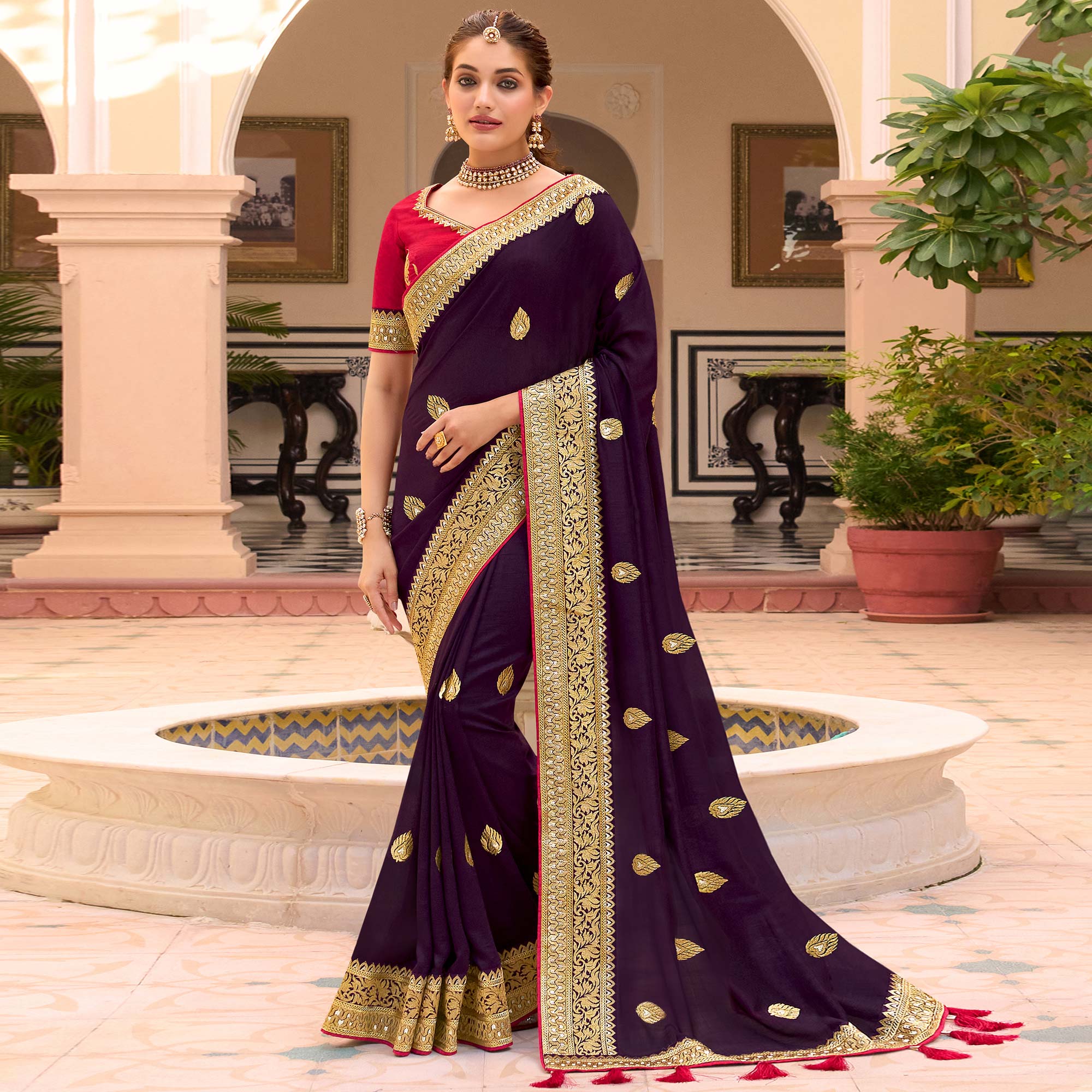 Wine Embroidered Vichitra Silk Saree With With Tassels