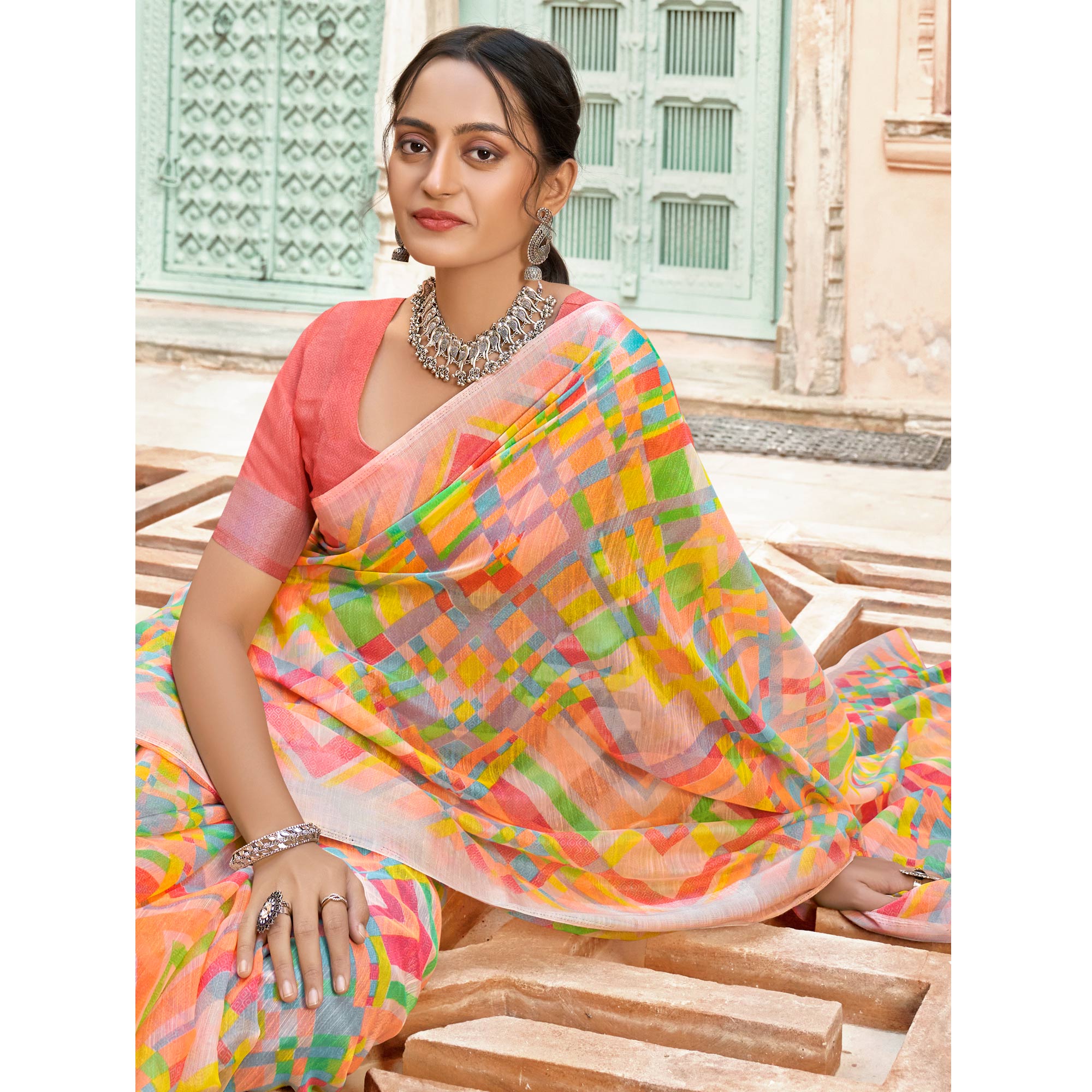 Peach Printed Cotton Blend Saree