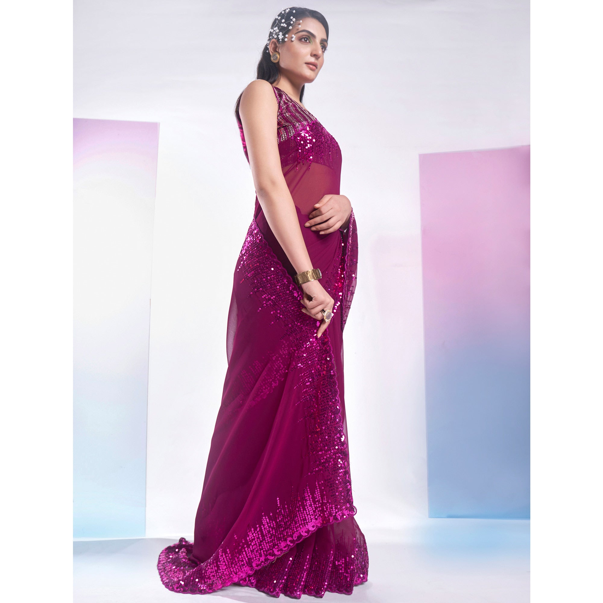 Purple Sequins Embroidered Georgette Saree