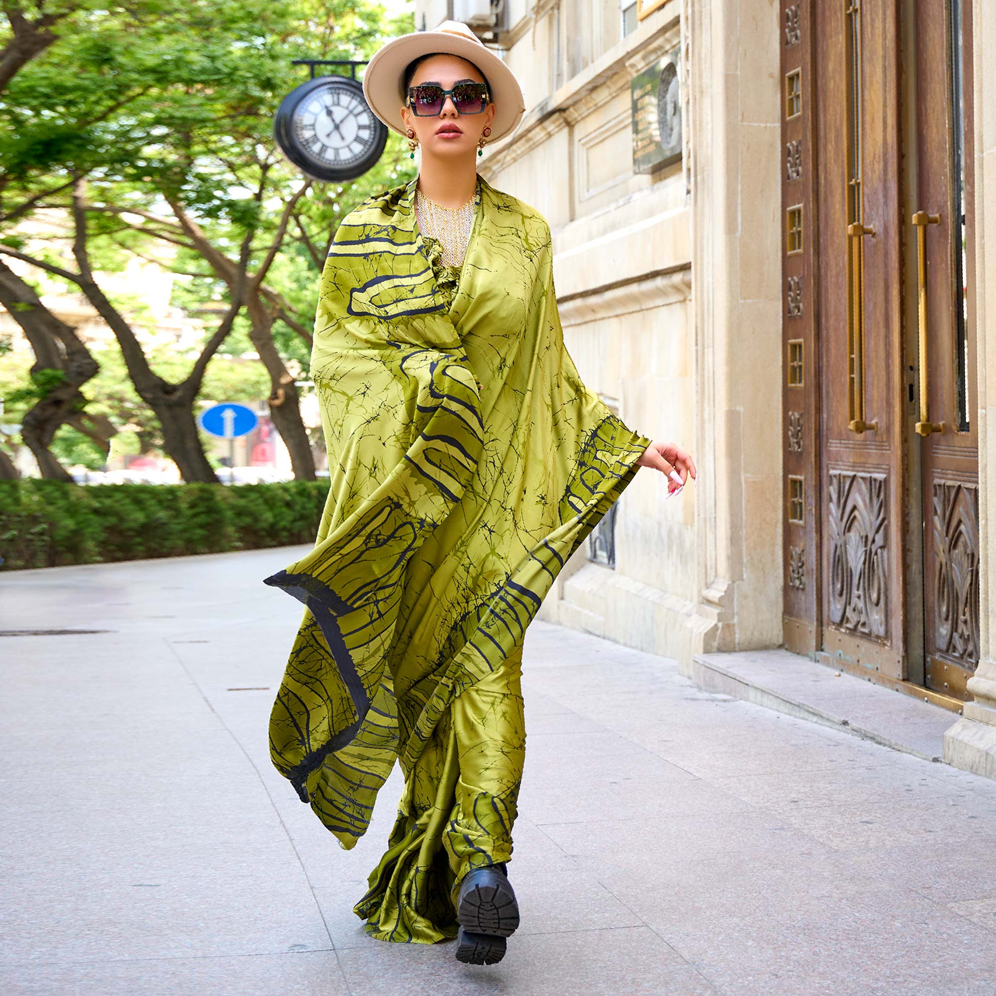 Olive Green Printed Crepe Saree
