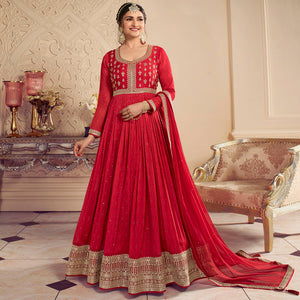 Red Printed With Embroidered Chiffon Gown