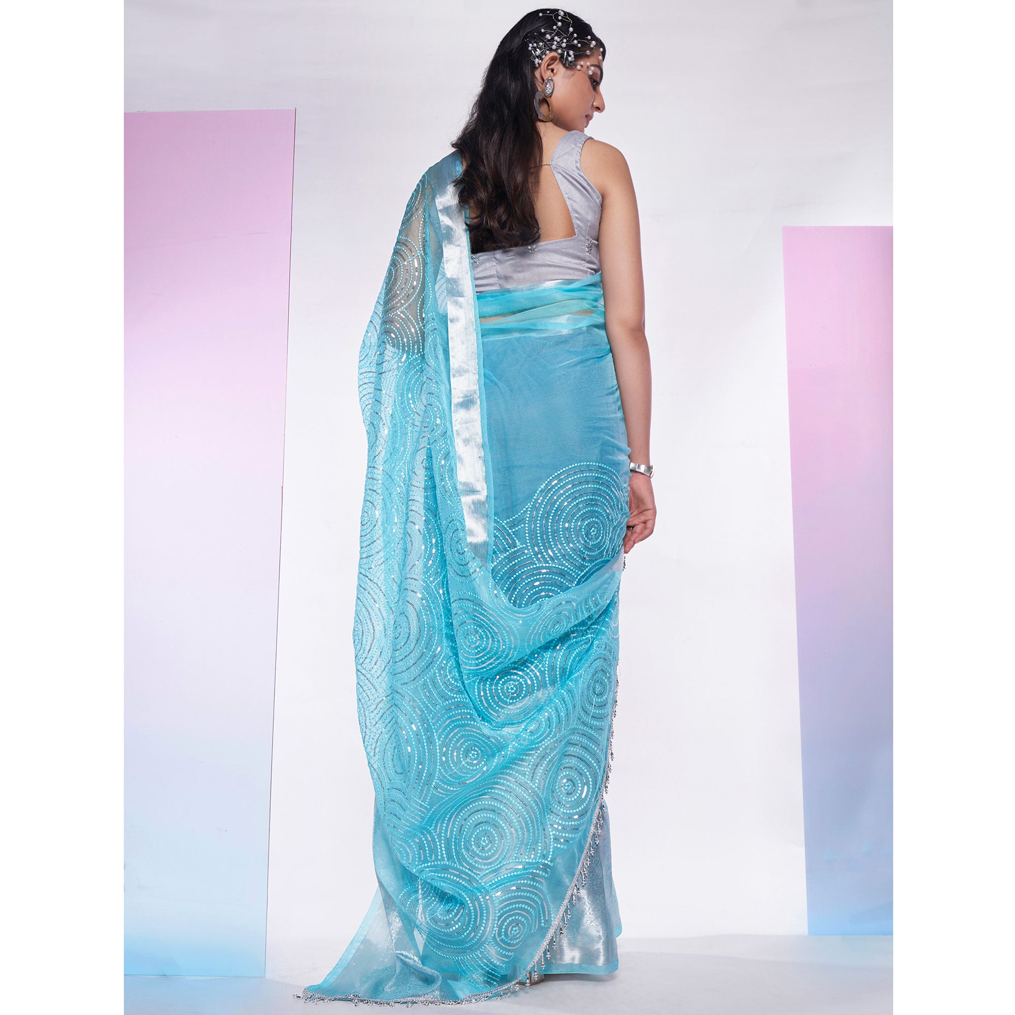 Blue Sequins Embroidered Organza Saree