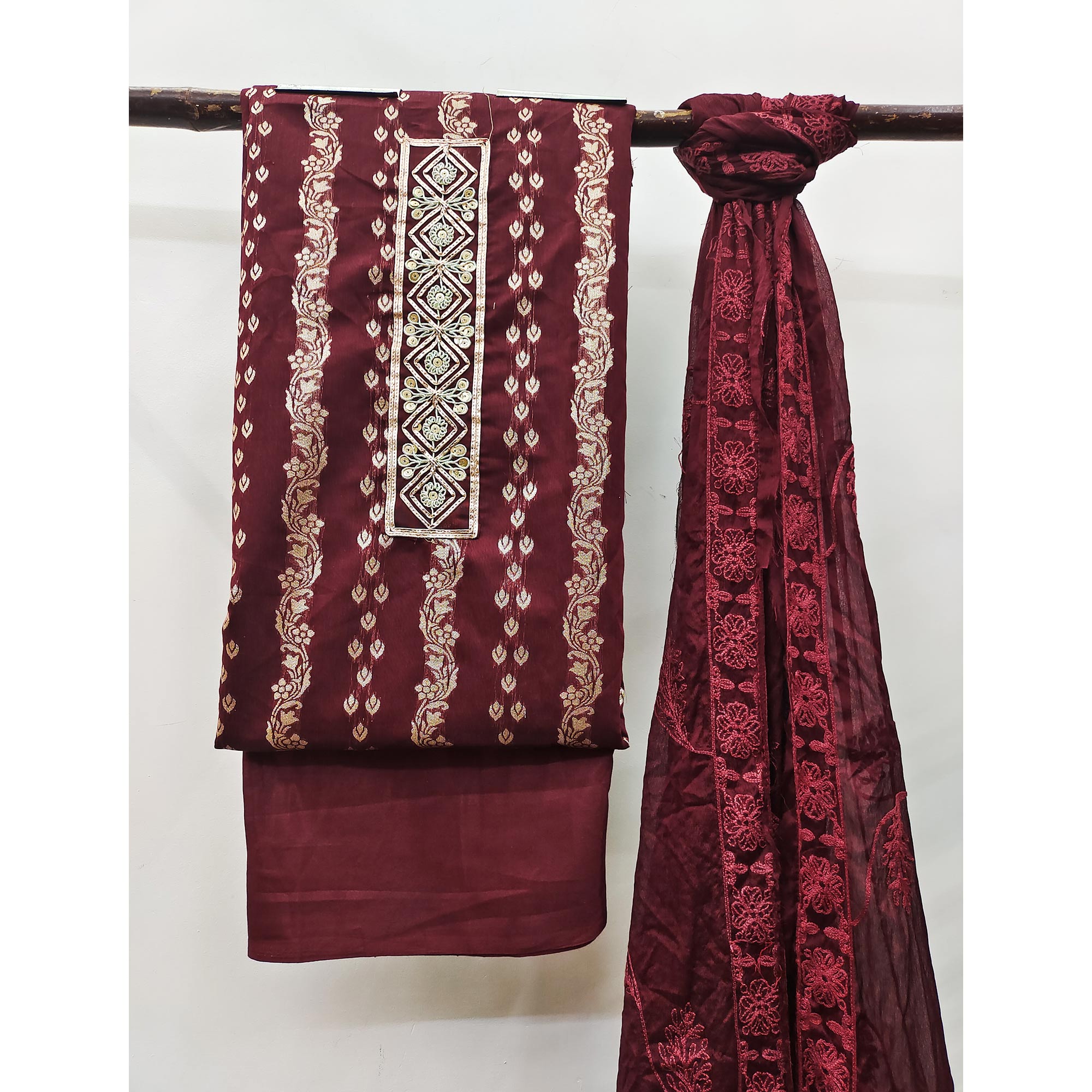 Maroon Woven Banarasi Silk Dress Material