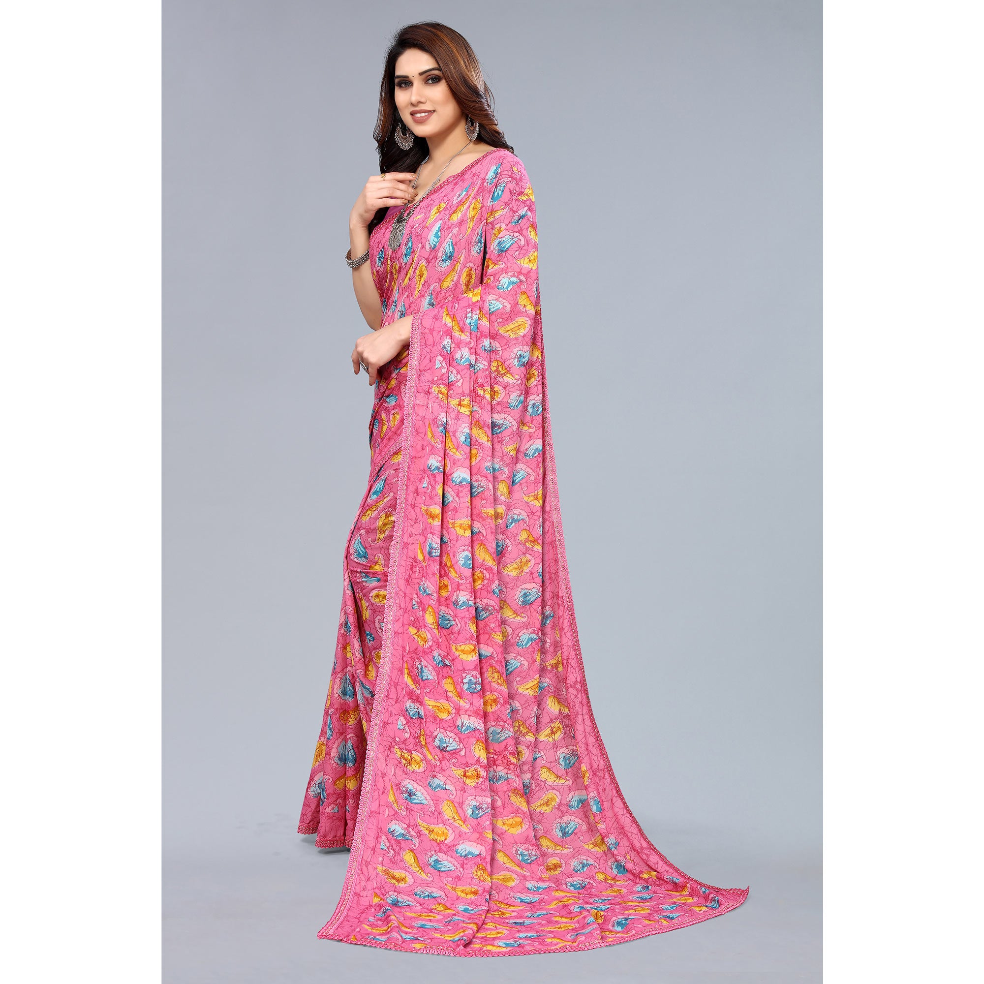 Pink Printed Georgette Saree With Crochet Border