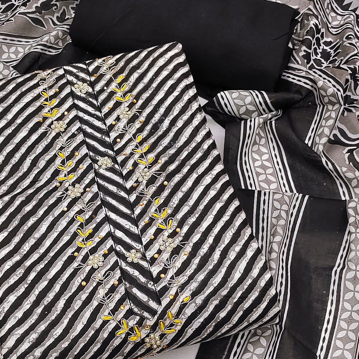 Black Striped Printed Pure Cotton Dress Material