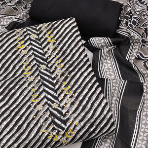 Black Striped Printed Pure Cotton Dress Material