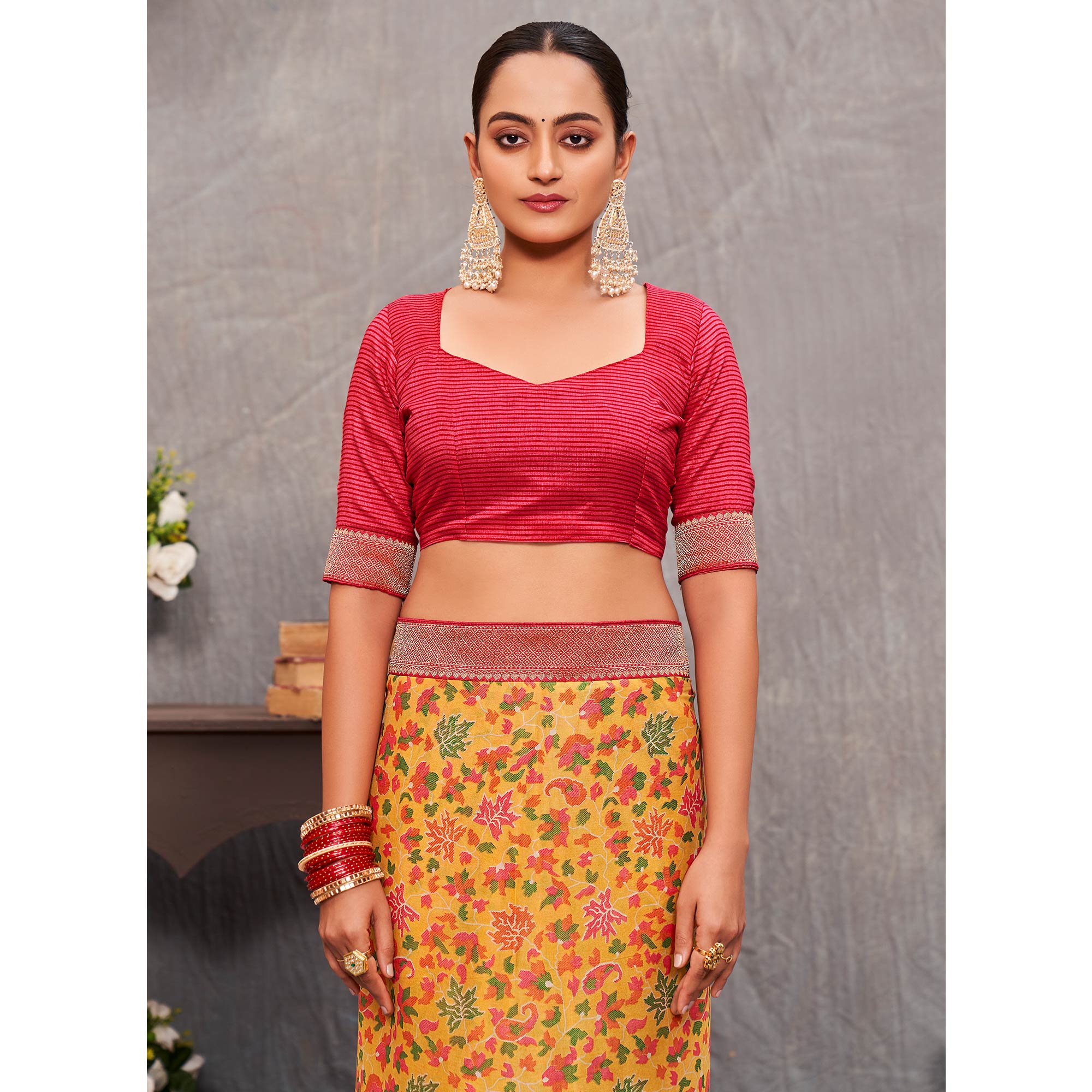 Yellow Floral Printed Tussar Silk Saree