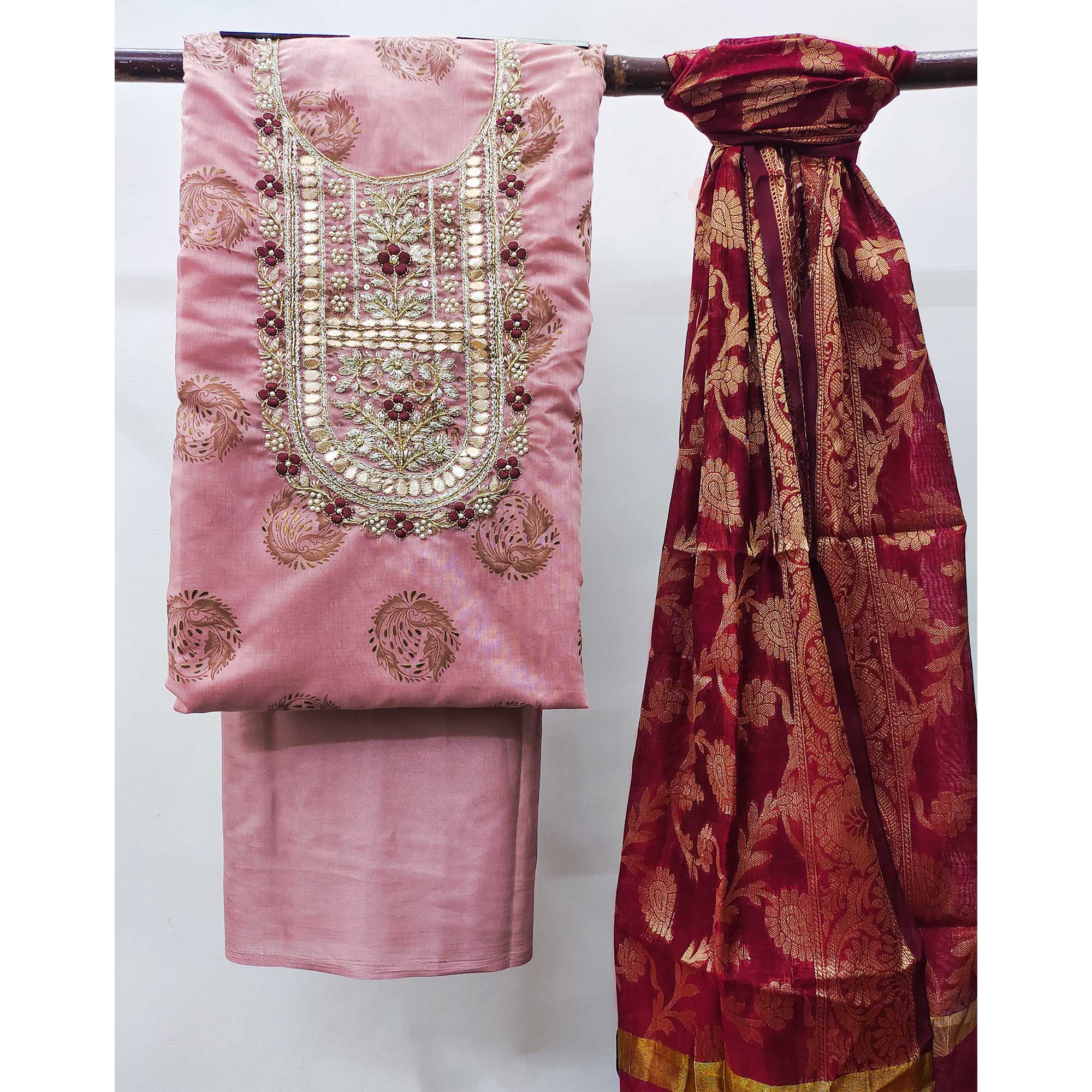 Pink Floral Printed With Handwork Modal Dress Material