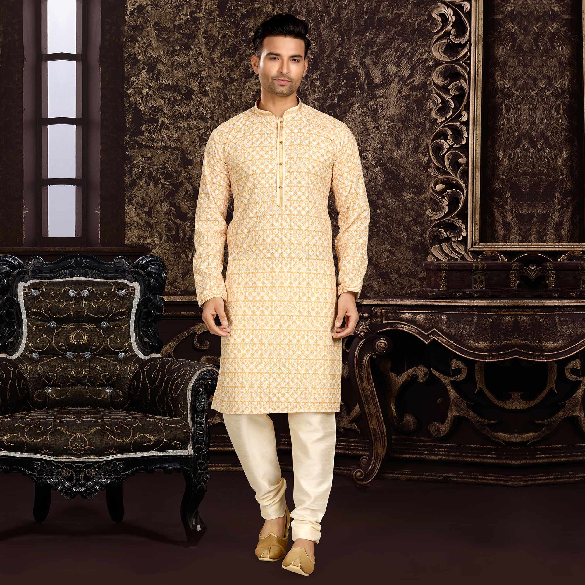 Light Yellow Lucknowi And Digital Printed Cotton Kurta Pyjama Set