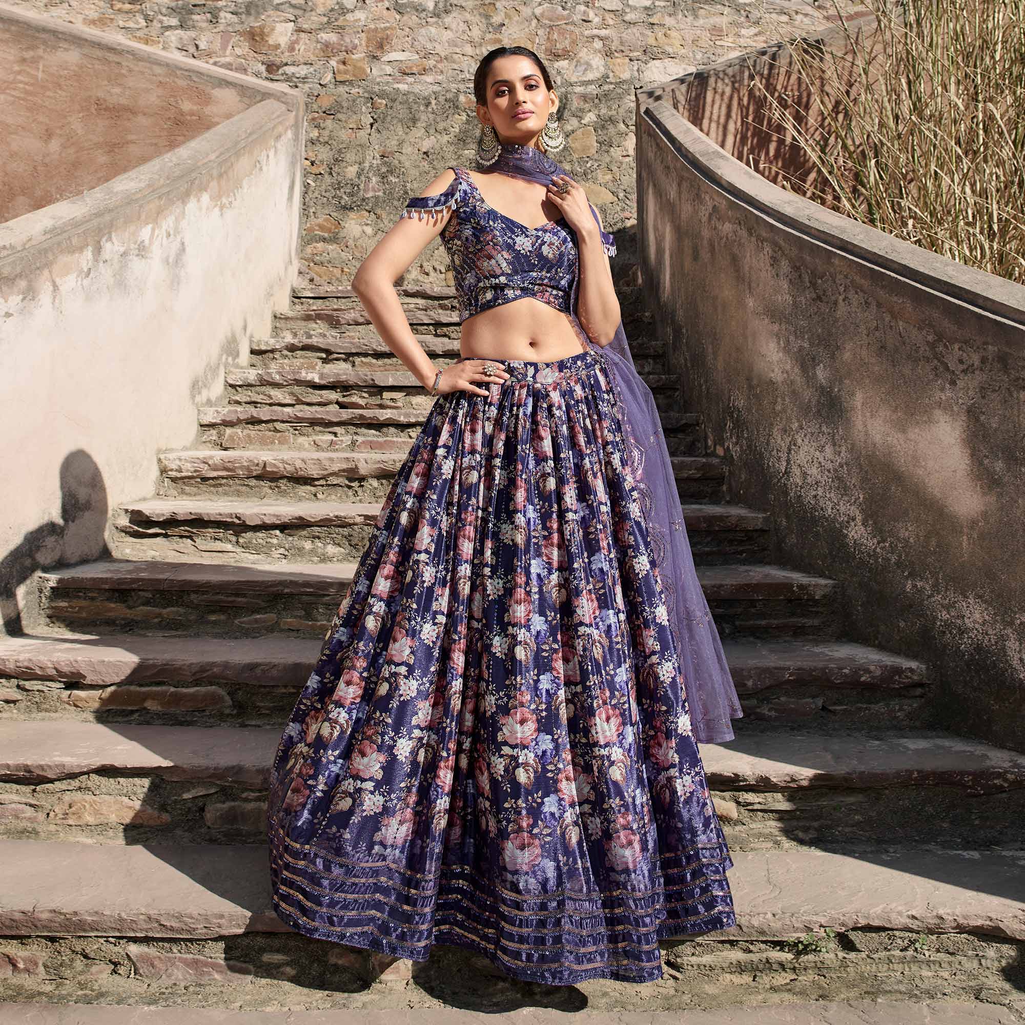 Purple Printed With Sequins Embroidered Georgette Lehenga Choli