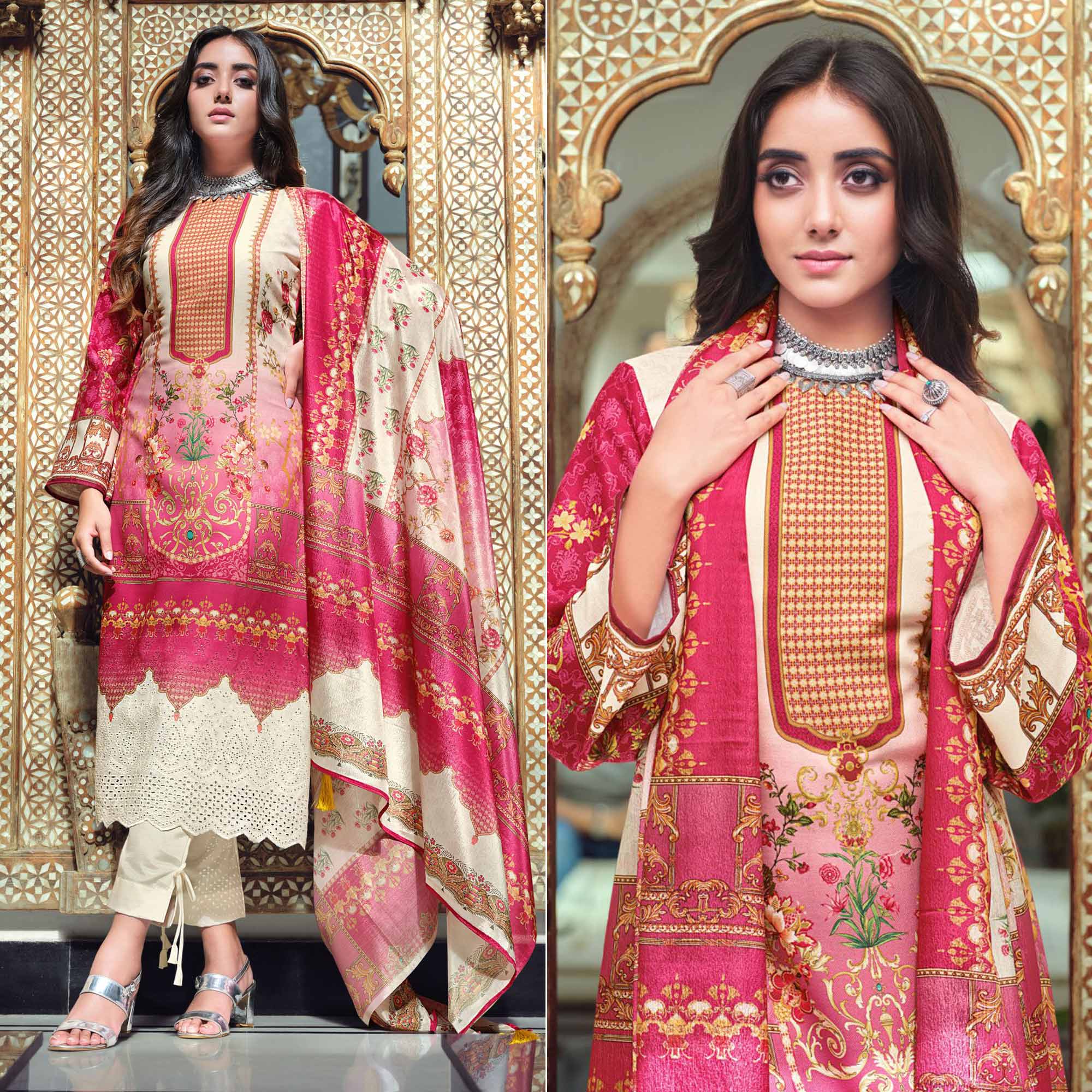 Pink And Cream Digital Printed With Daman Embroidered Pure Cotton Pakistani Suit