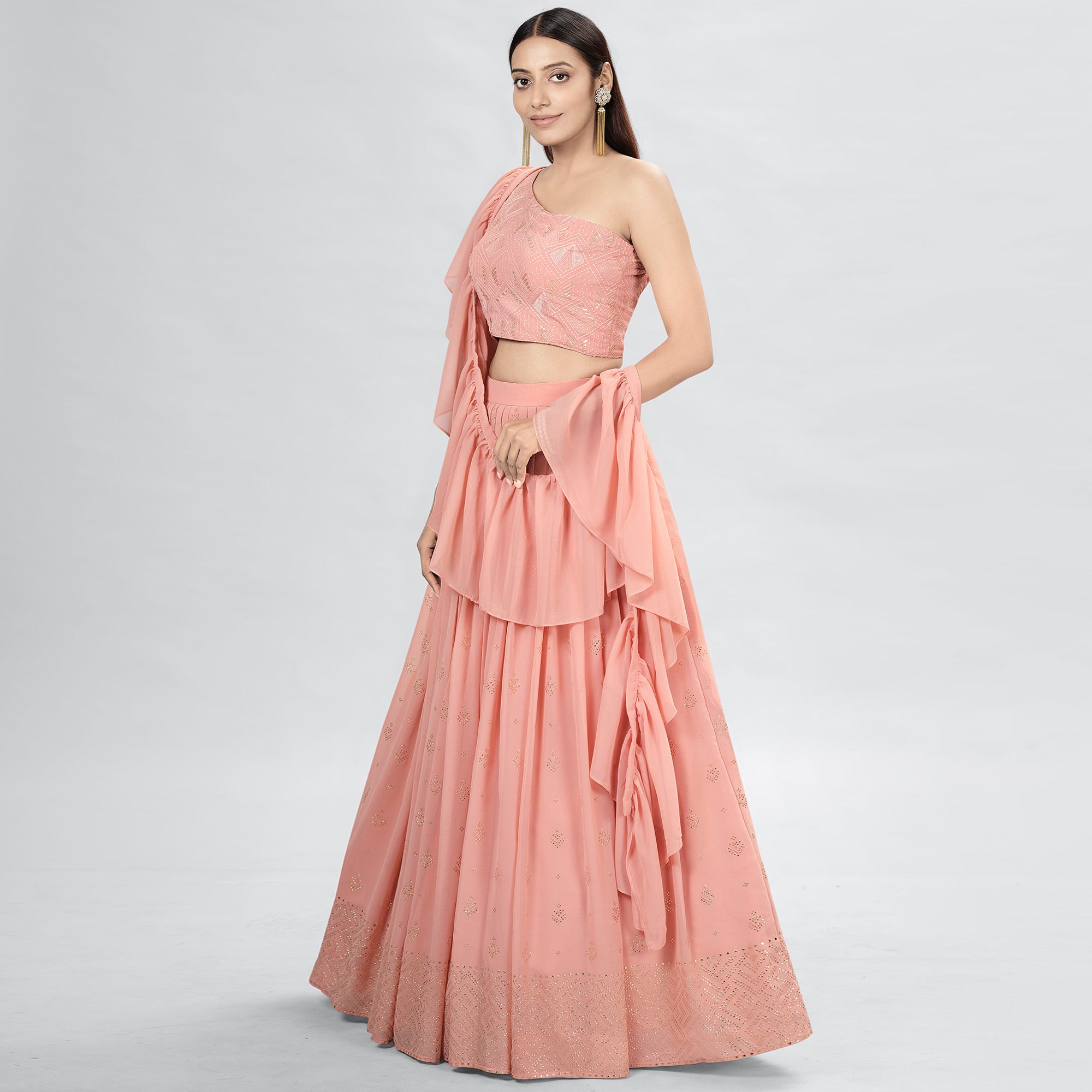 Peach Embellished With Embroidered Georgette Lehenga Choli