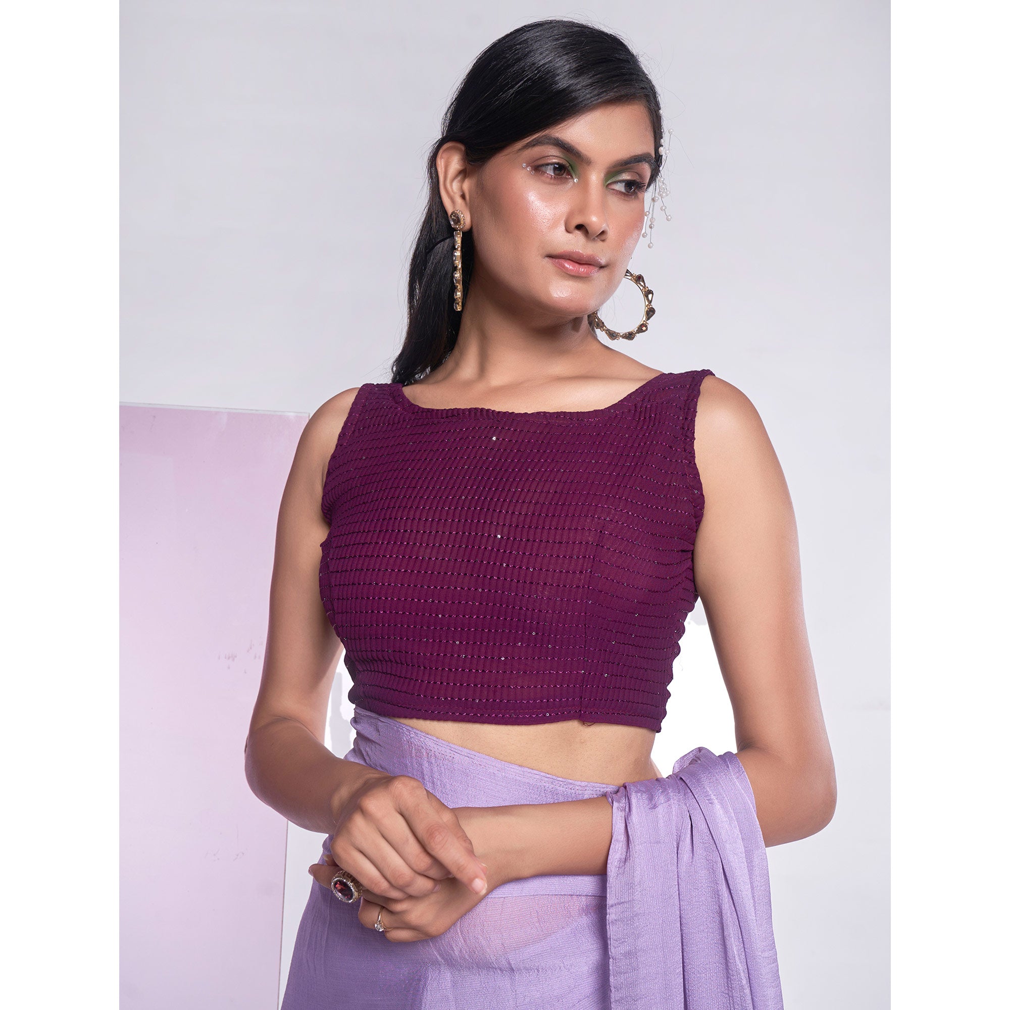 Purple Solid Georgette Saree With Tassels