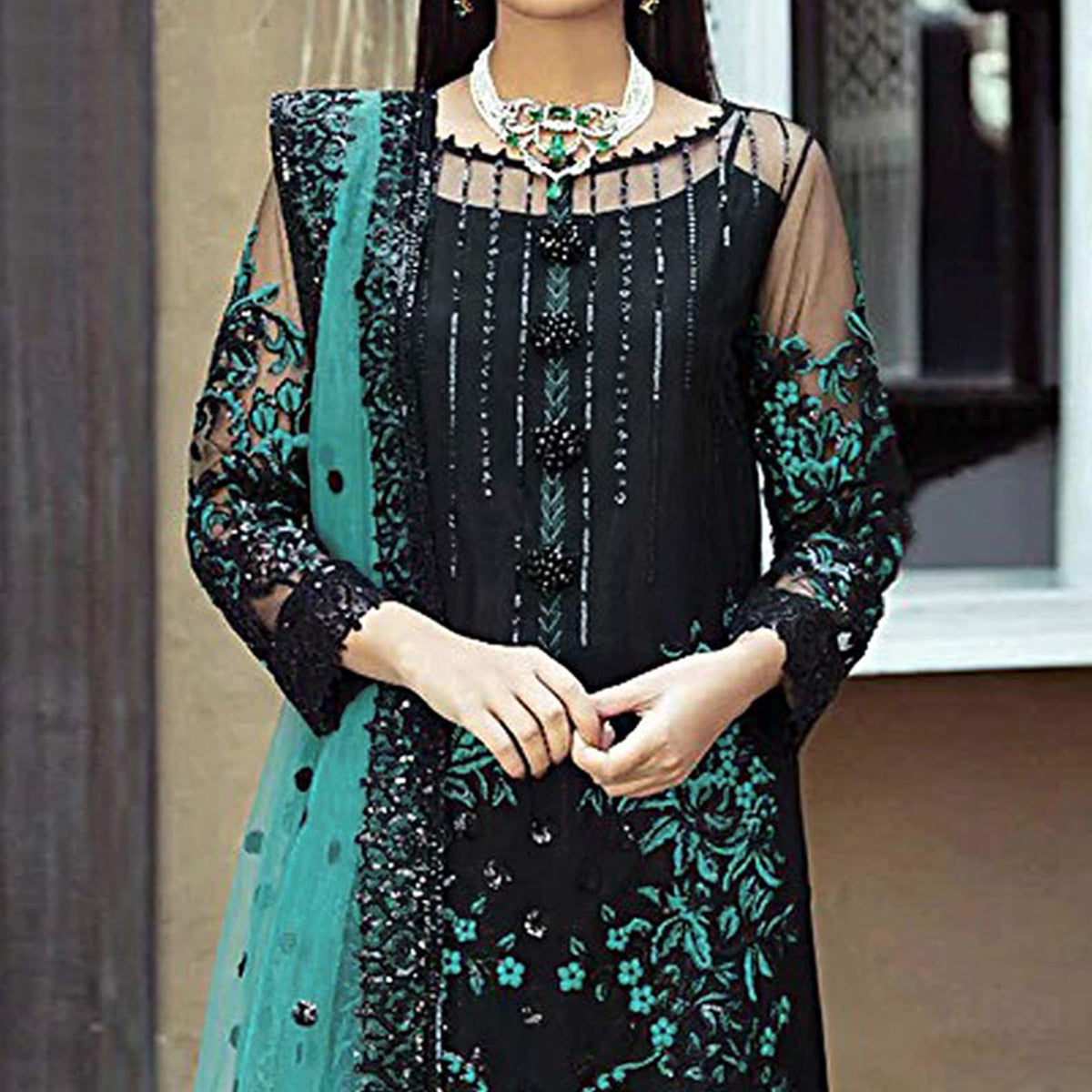 Black Floral Sequins Embroidered Georgette Pakistani Suit