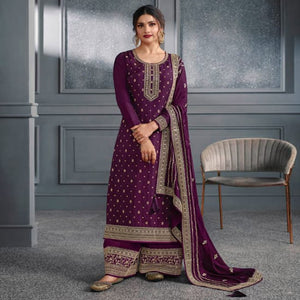 Purple Woven With Sequins Embroidered Dola Silk Palazzo Suit