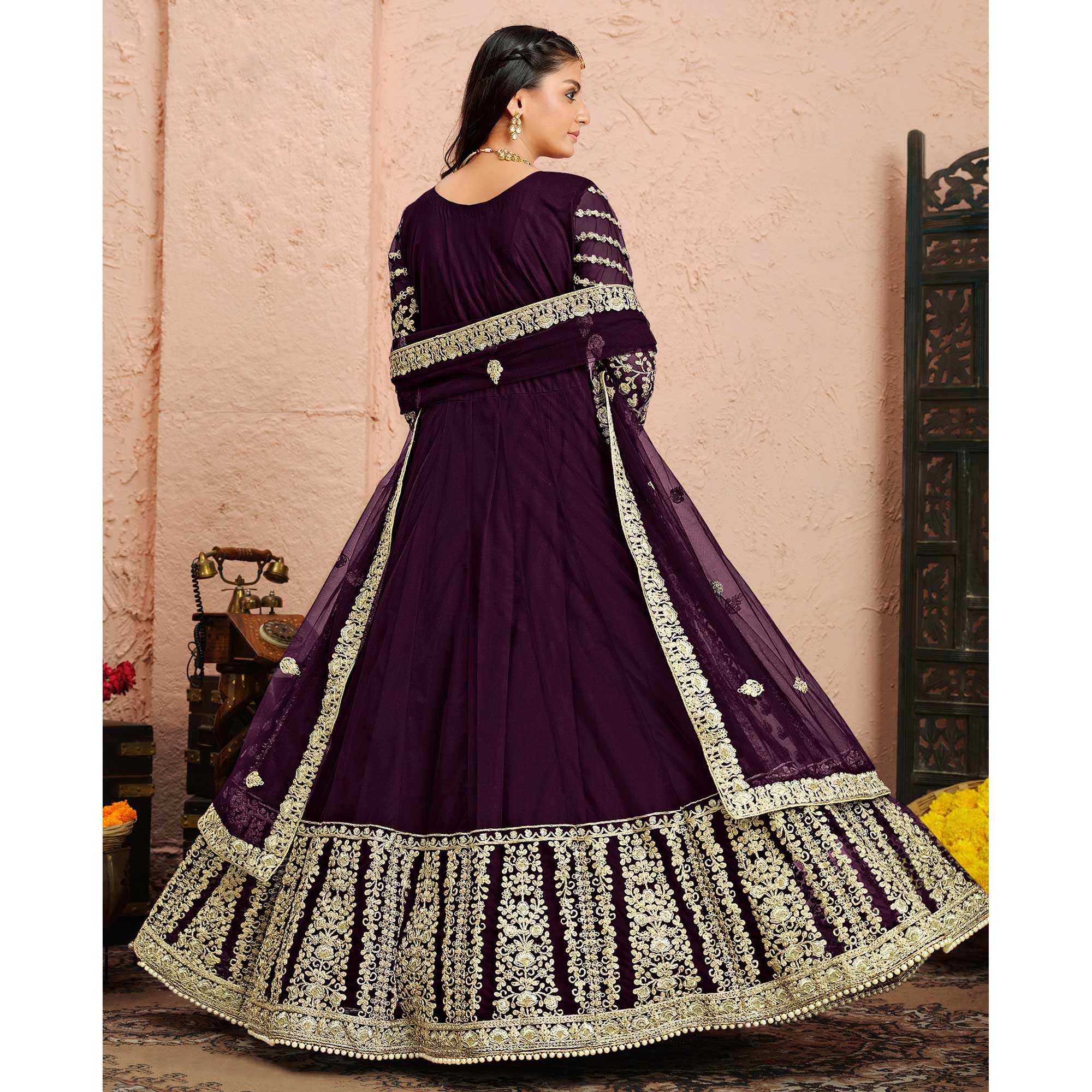 Purple Floral Embroidered Net Gown