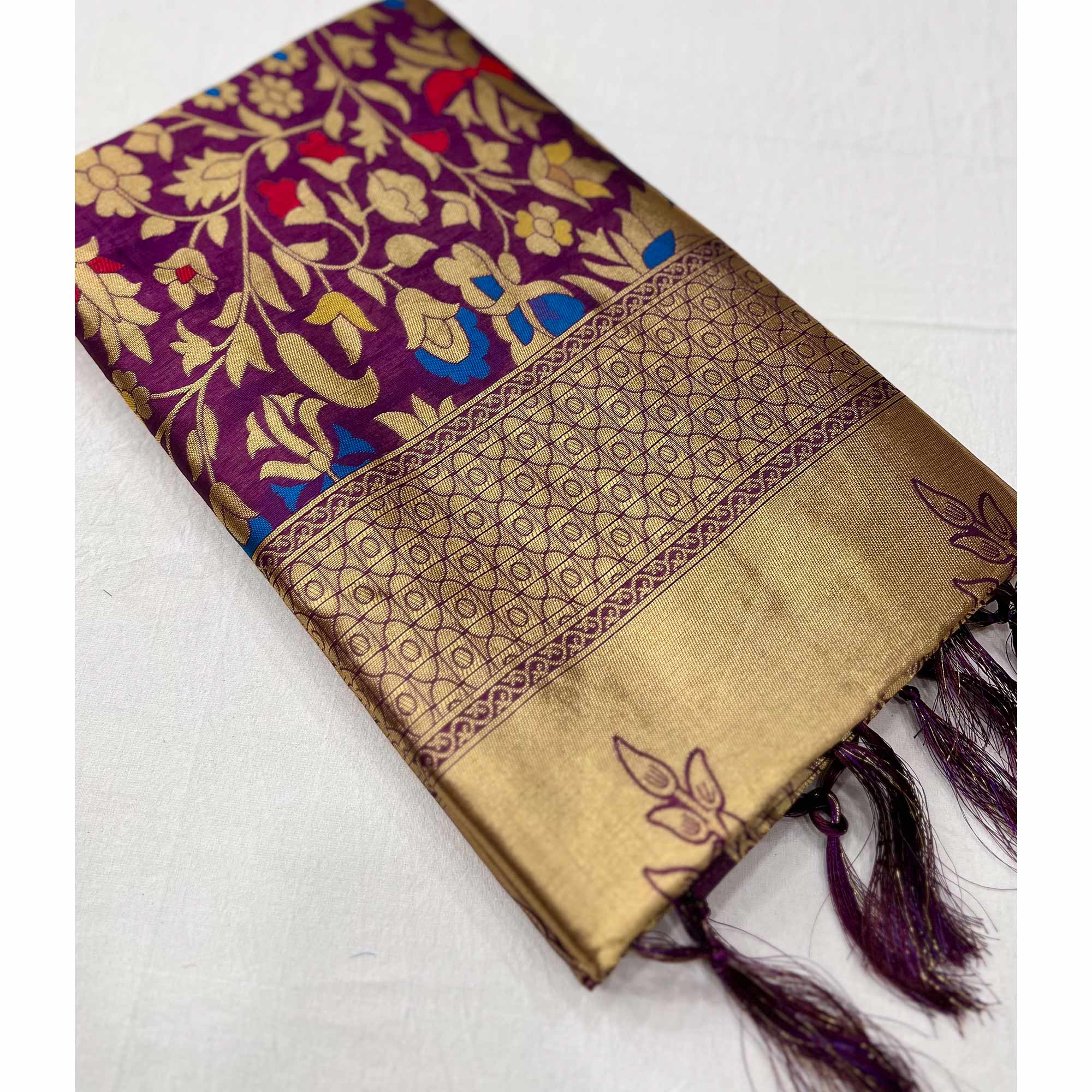 Purple Floral Woven Art Silk Saree