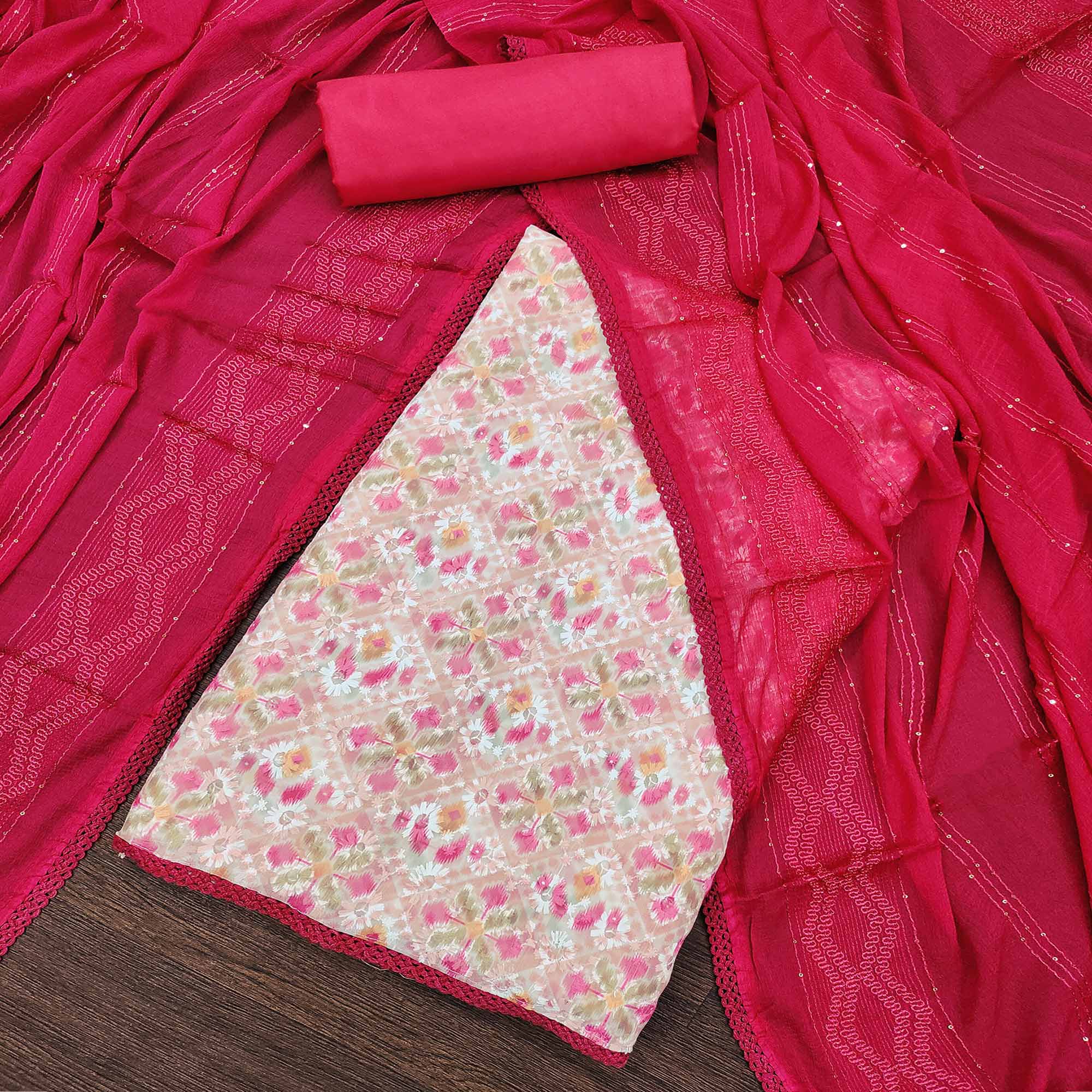 Pink Digital Printed With Embroidered Georgette Dress Material