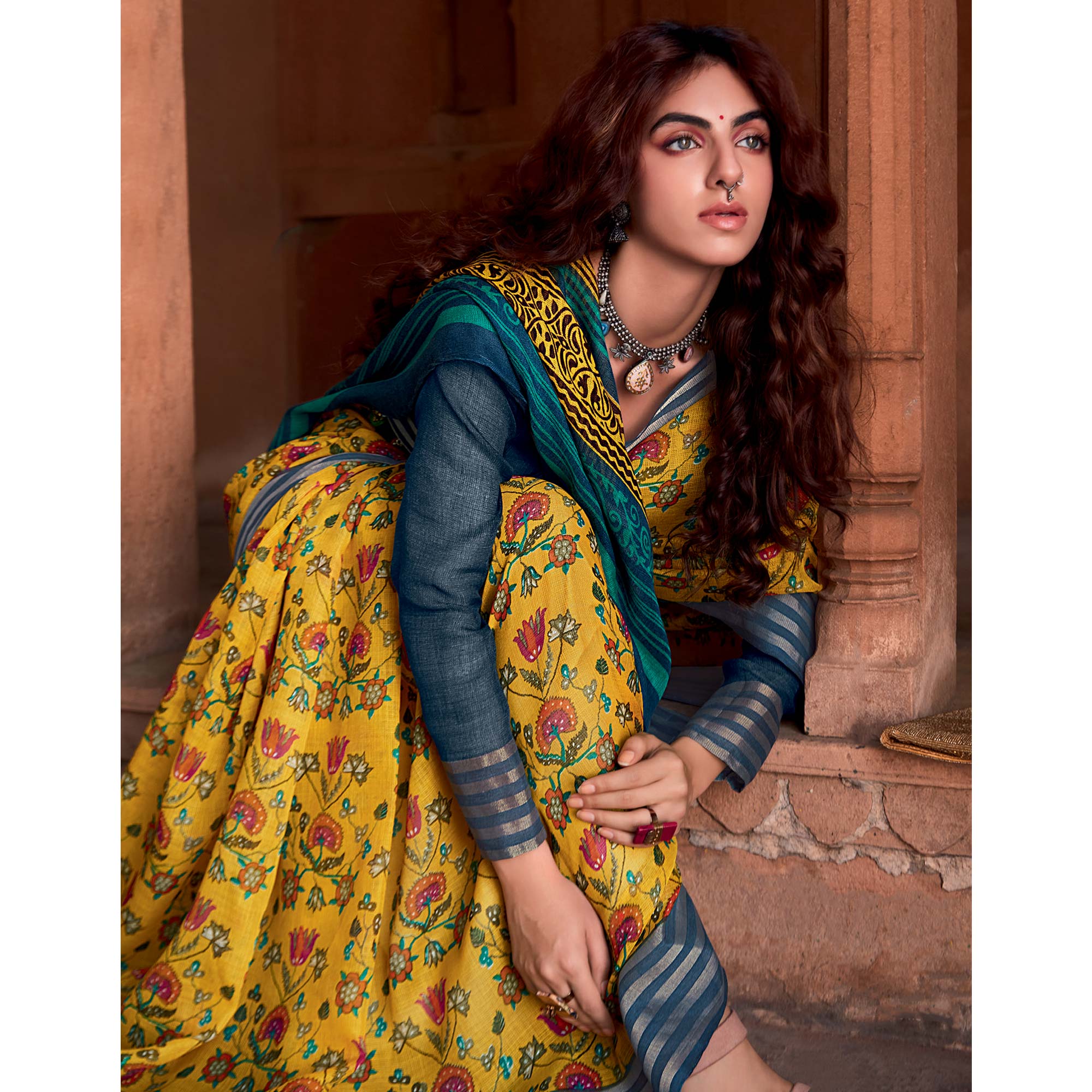 Yellow Floral Printed Linen Saree