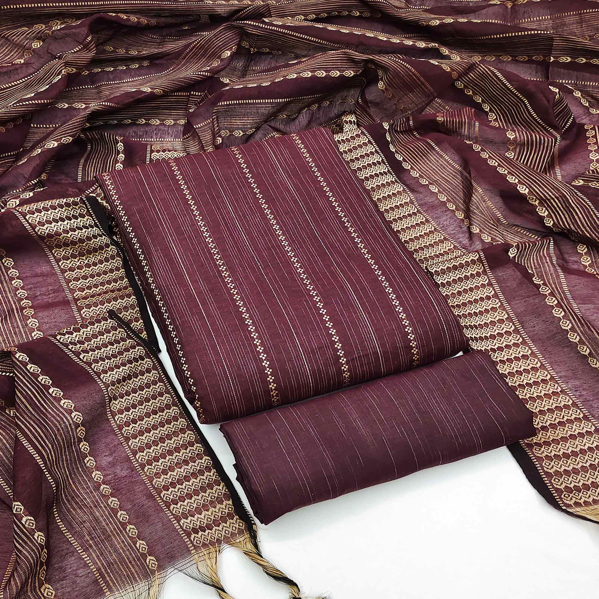 Wine Woven Cotton Blend Dress Material