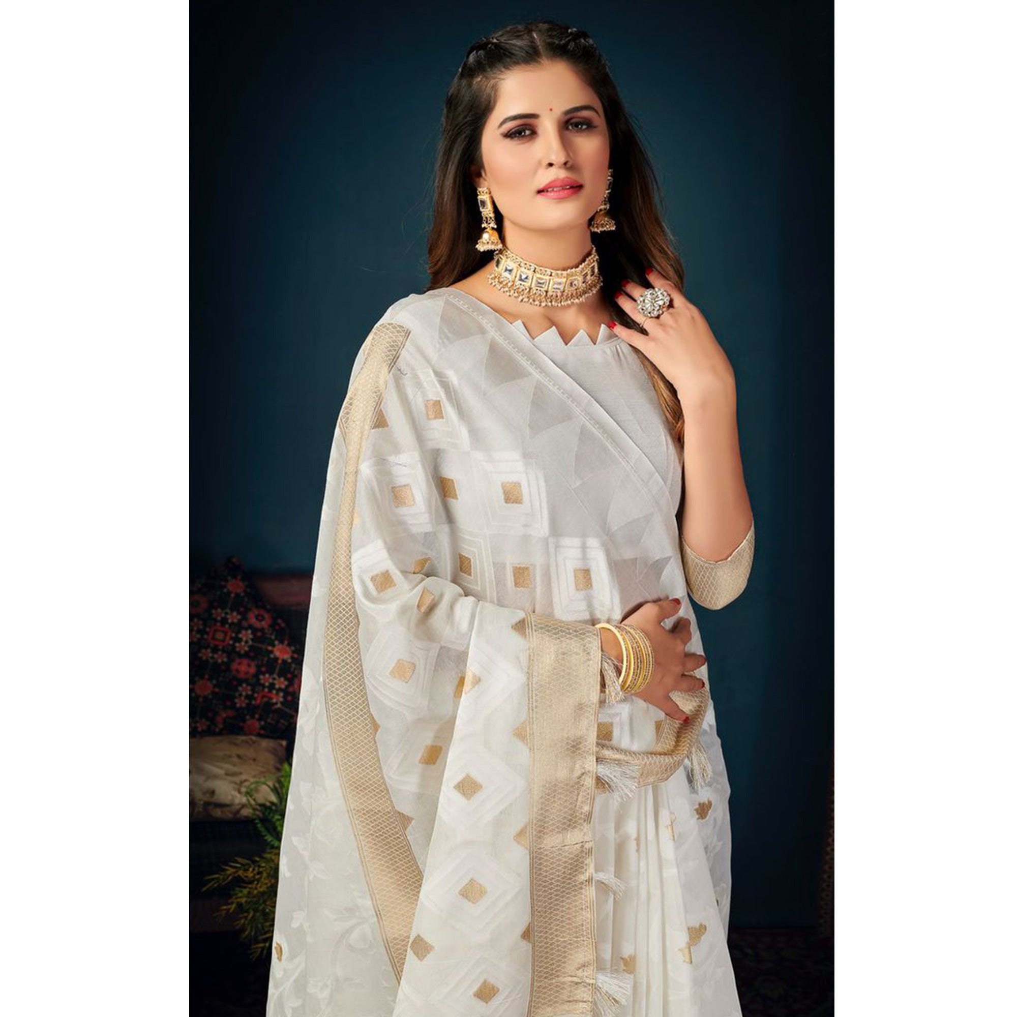 White Woven Cotton Blend Saree With Tassels