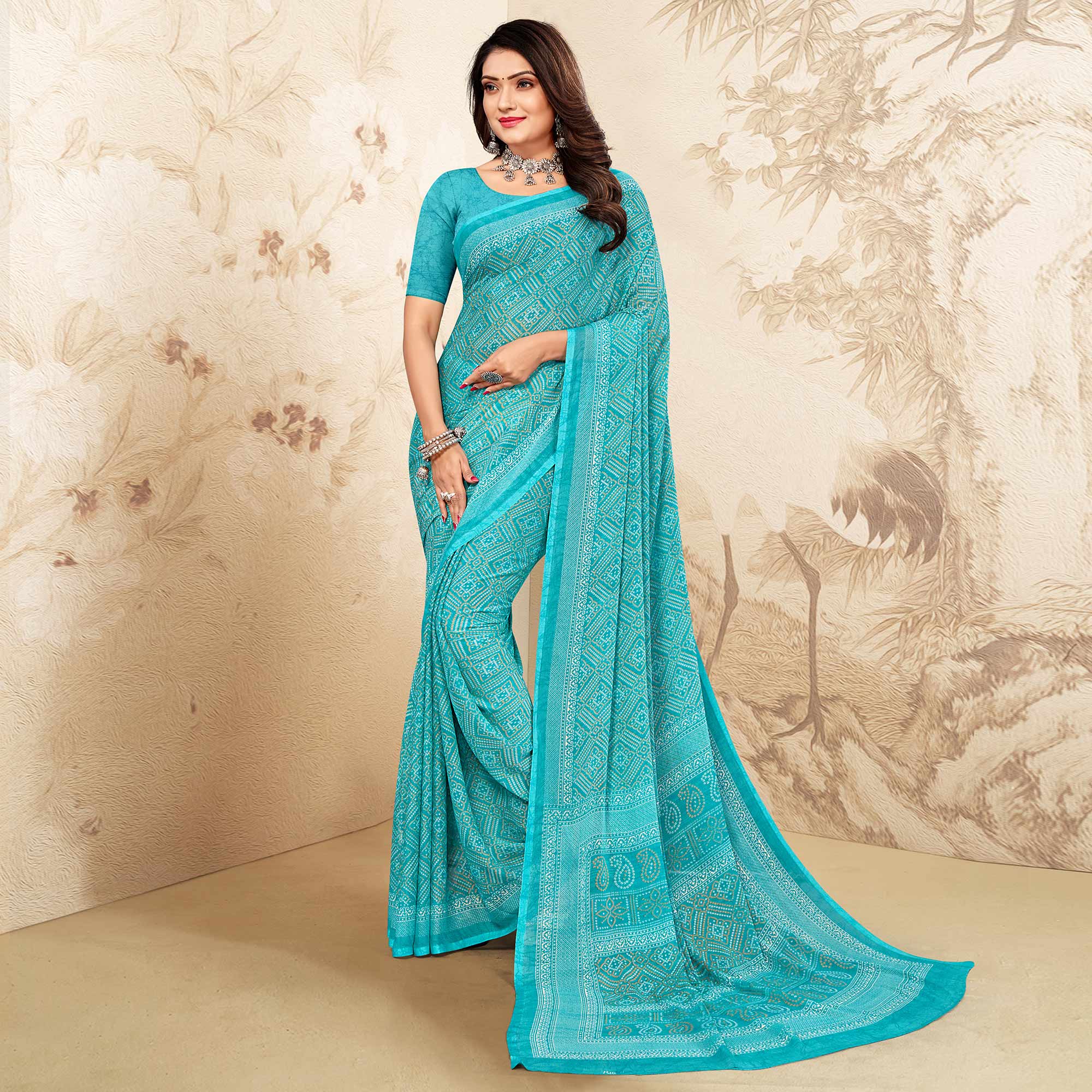 Blue Bandhani Printed Chiffon Saree