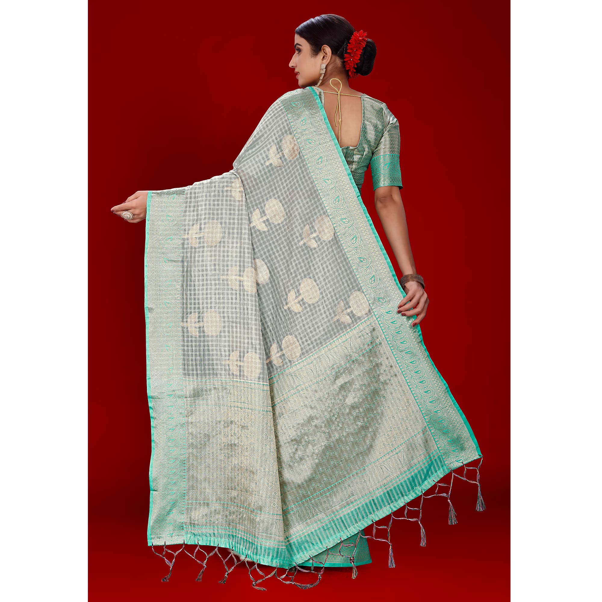 Grey Floral Woven Organza Saree With Tassels