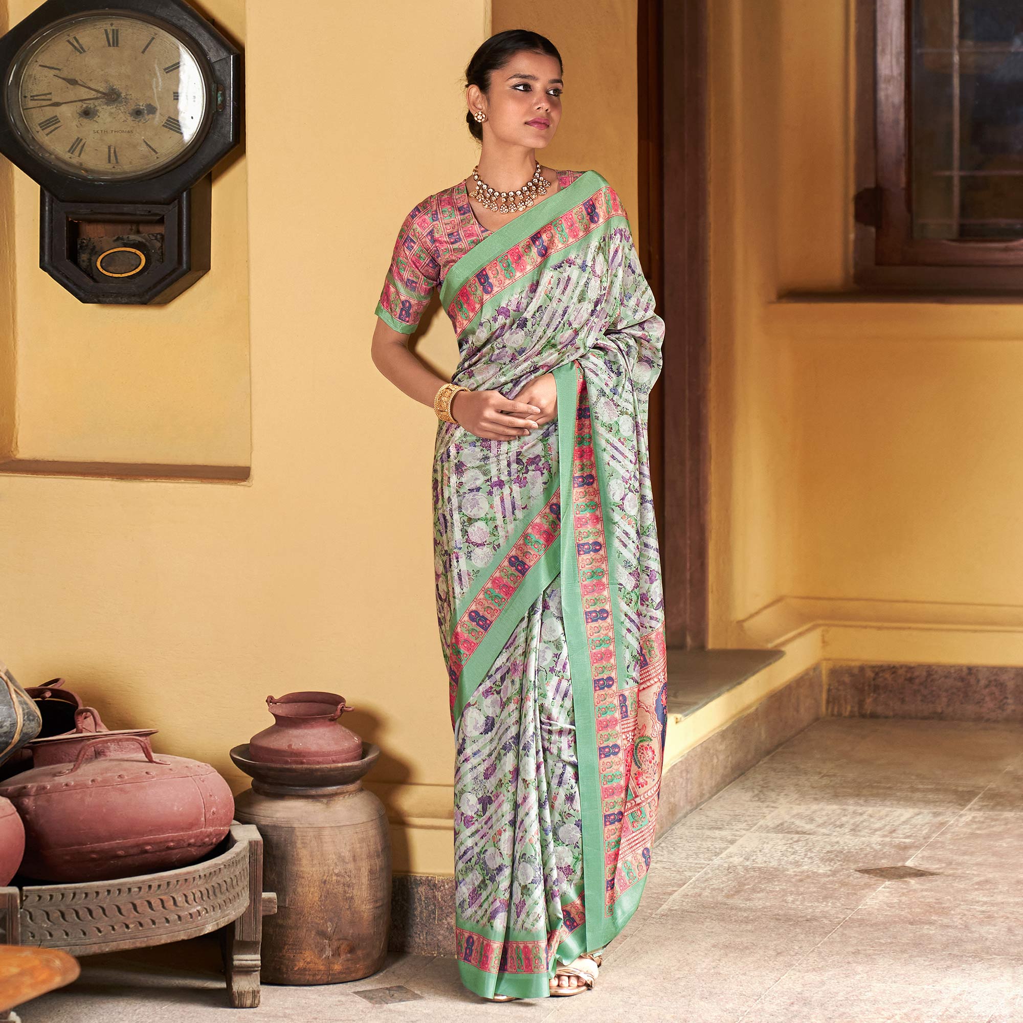 Green Digital Printed Satin Saree