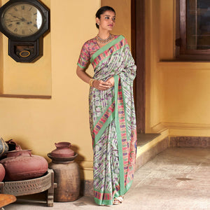 Green Digital Printed Satin Saree