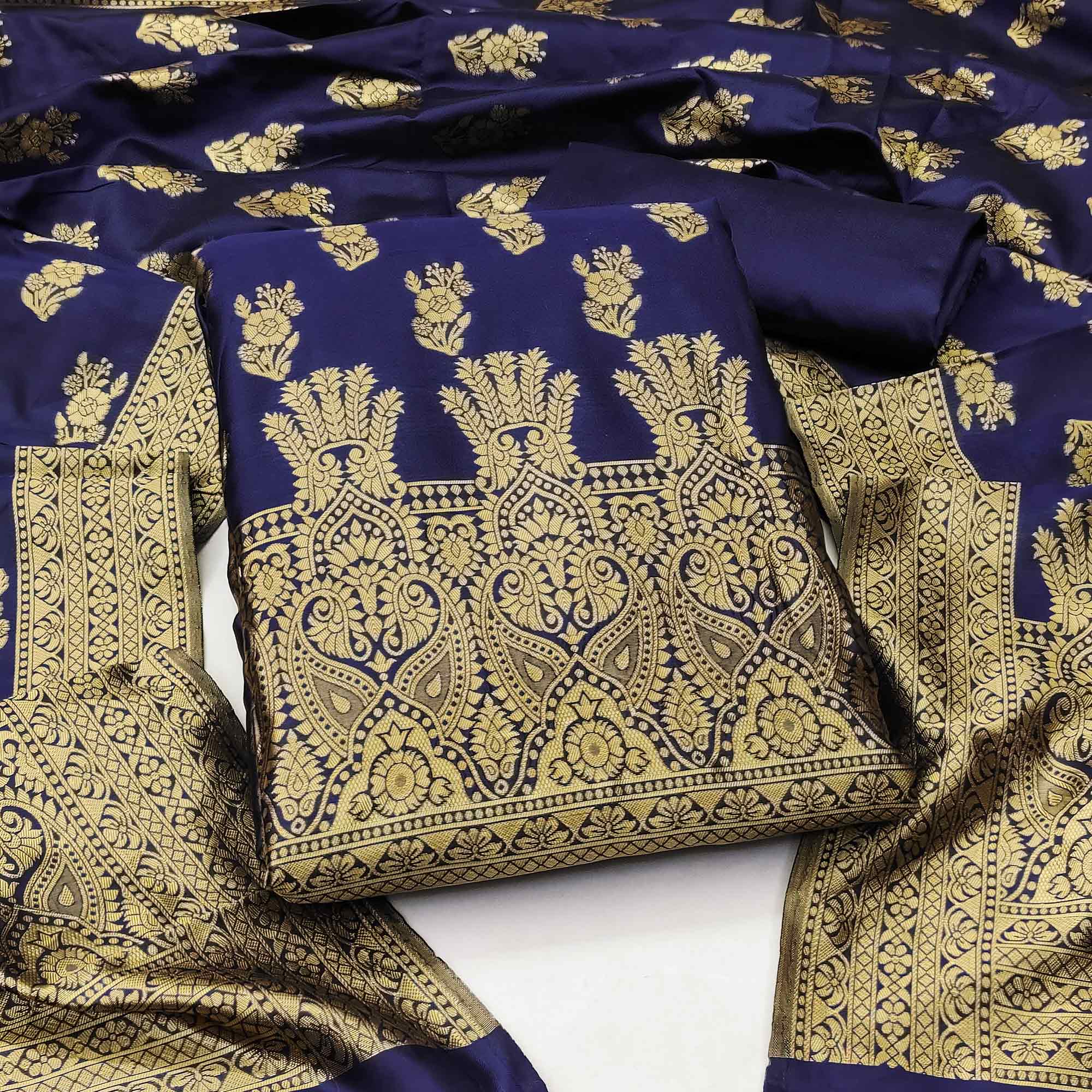 Navy Blue Floral Woven Jacquard Dress Material