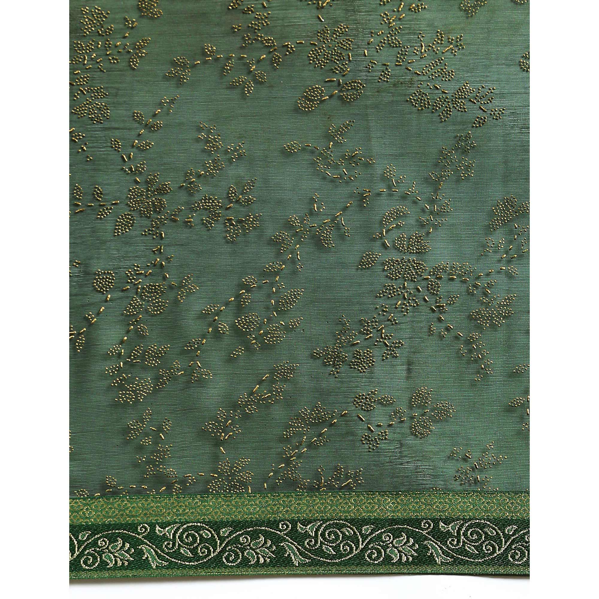 Green Floral Foil Printed Shimmer Saree