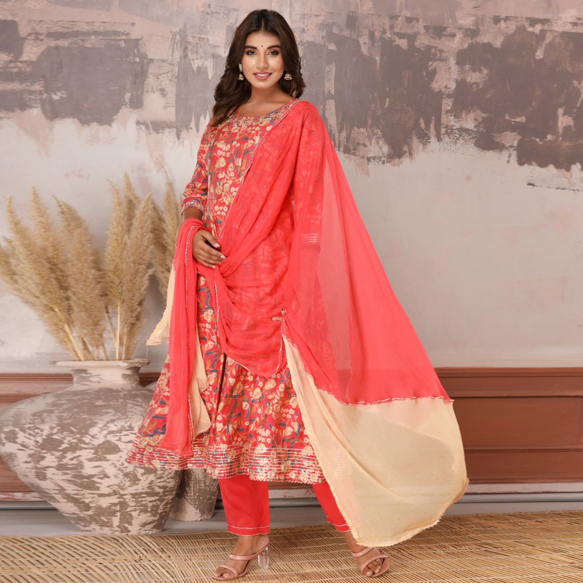 Pink Floral Printed With Gota Patti Work Muslin Anarkali Suit