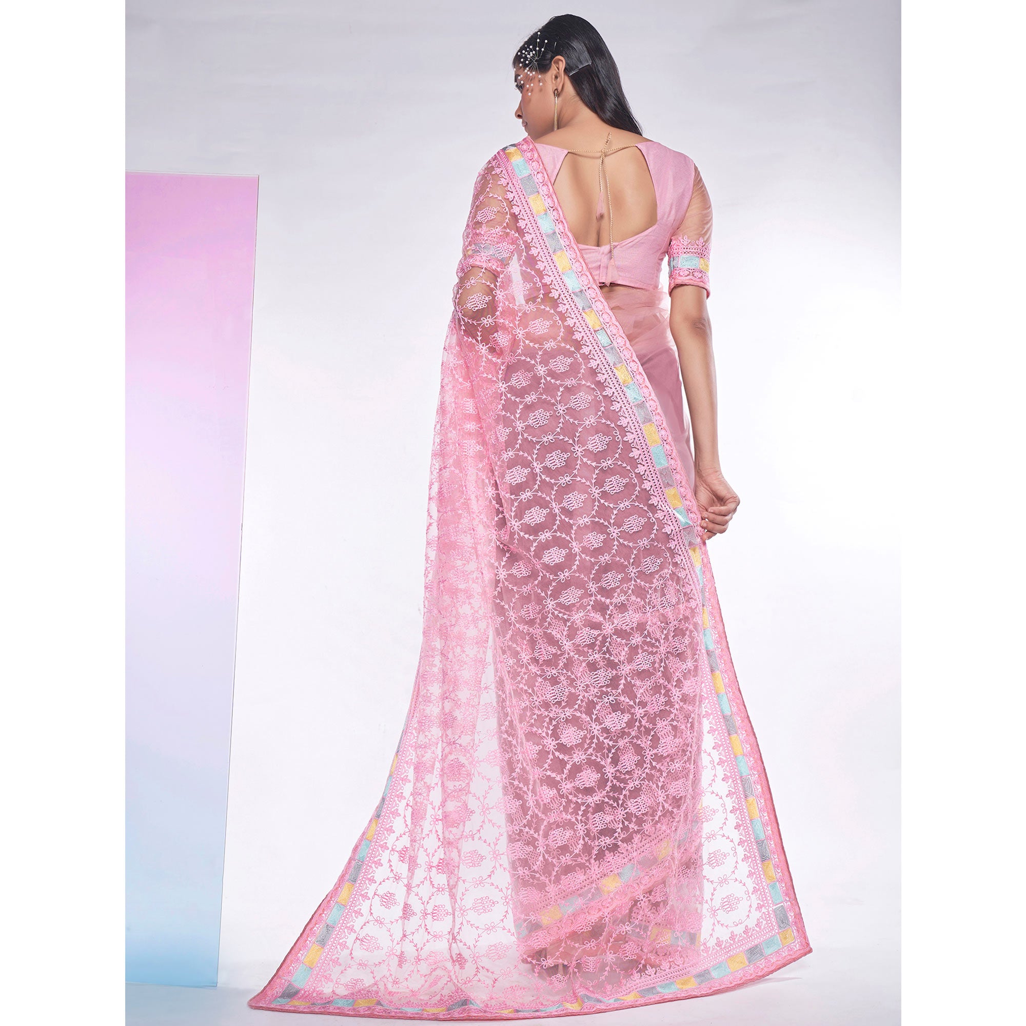 Pink Embroidered Soft Net Saree