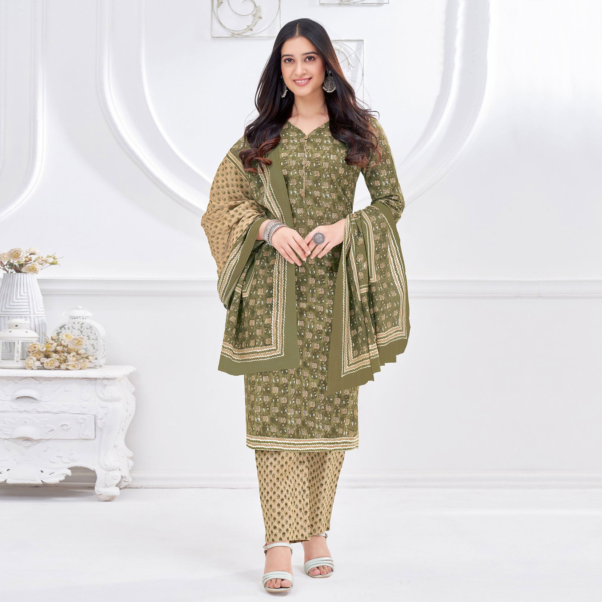 Olive Green Printed Pure Cotton Suit