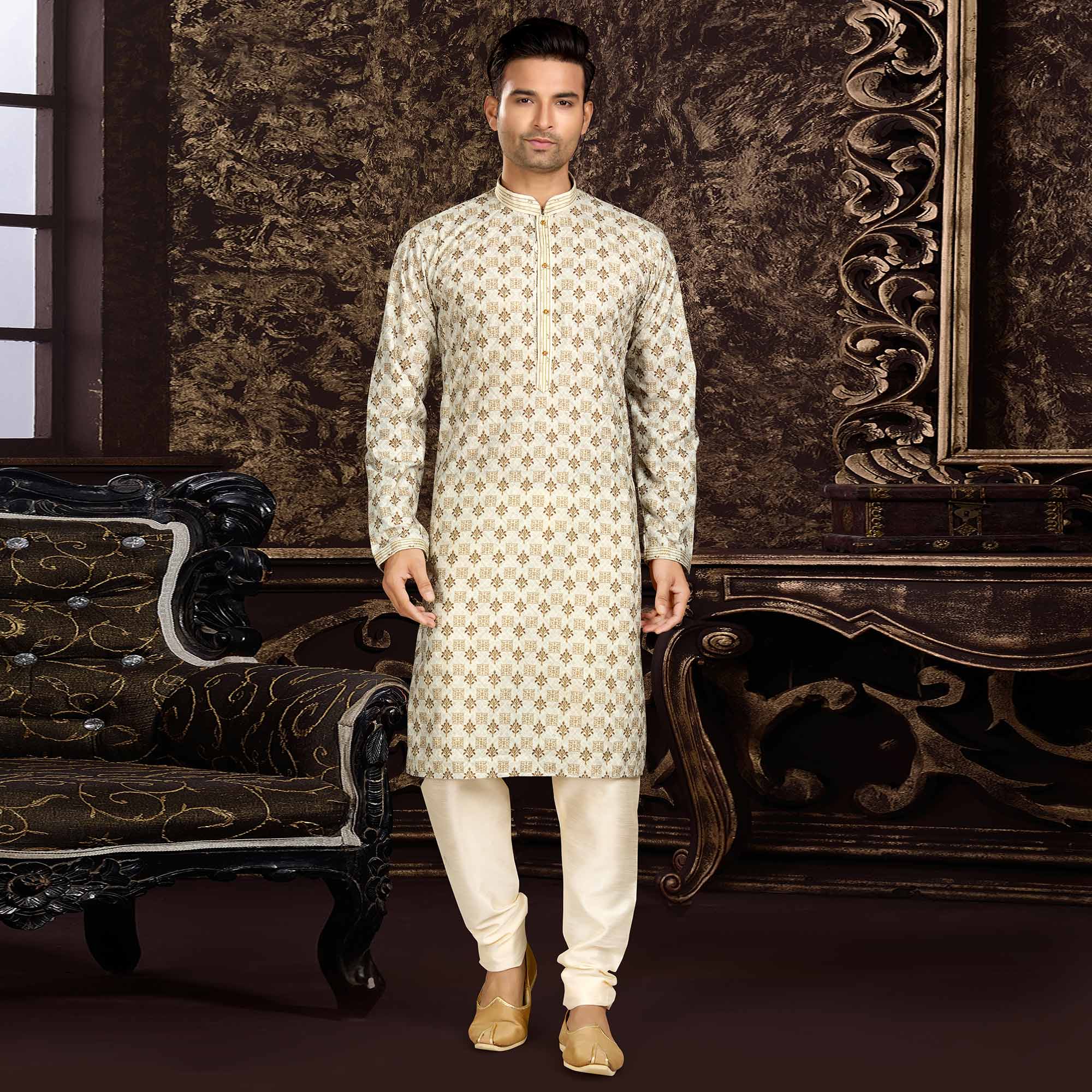 Cream Lucknowi And Digital Printed Cotton Kurta Pyjama Set