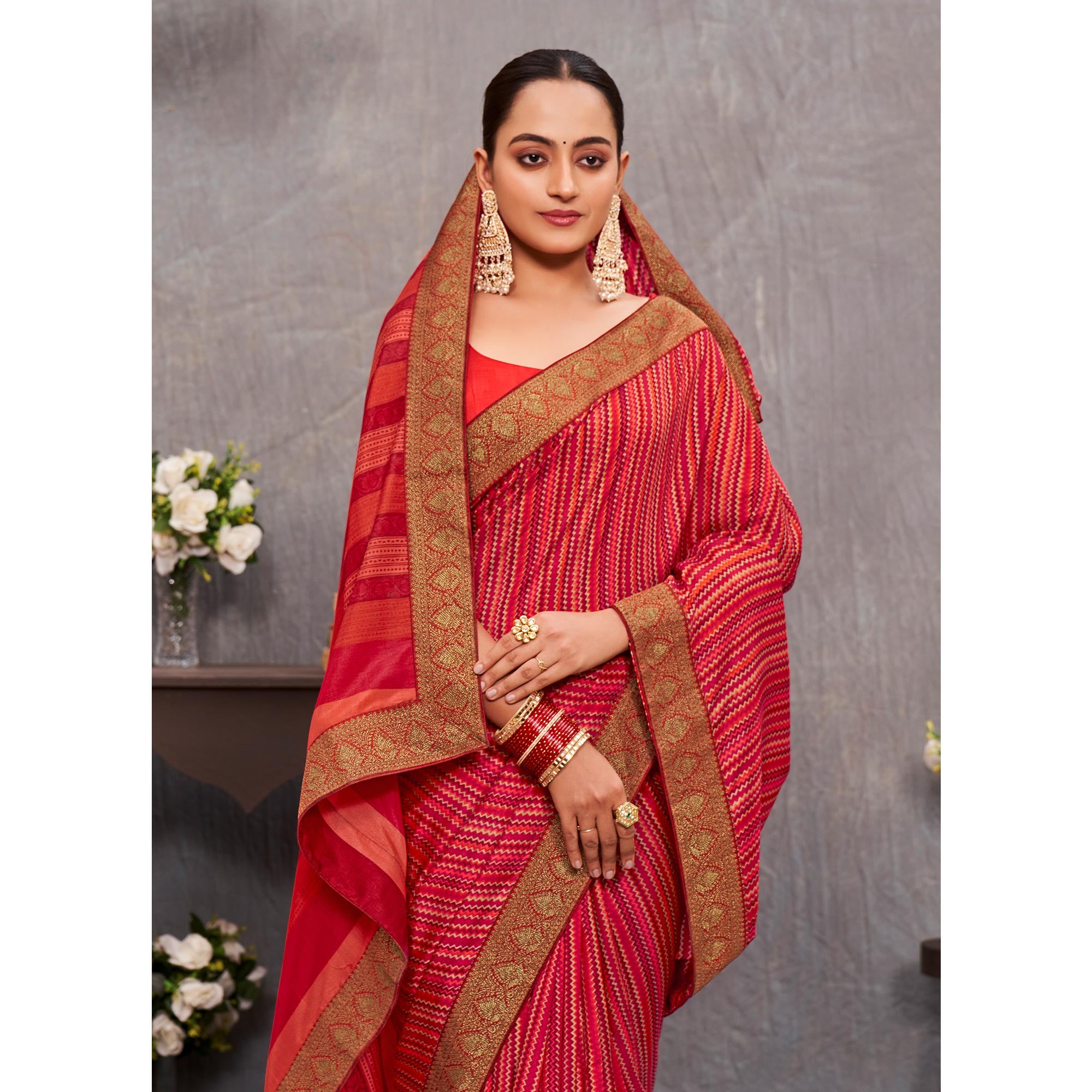 Multicolor Printed With lace Border Tussar Silk Saree